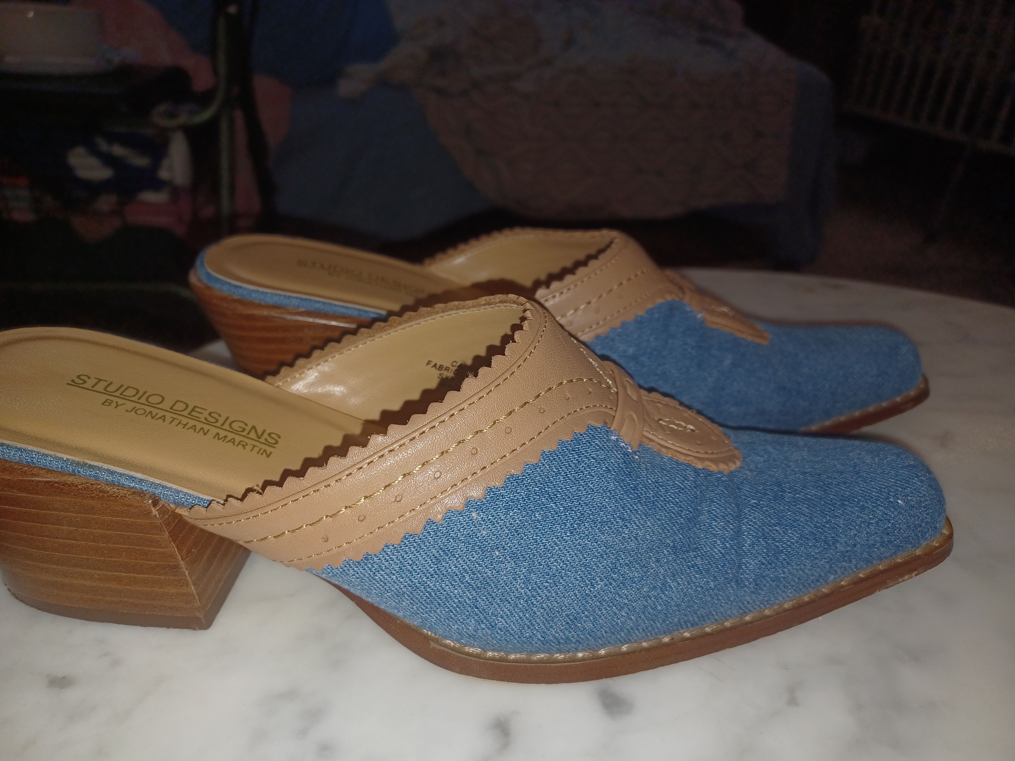 Other Studio Designs Women's Slip-On Heels 7M Denim Blue & Tan Size US 7 / IT 37 - 2 Thumbnail