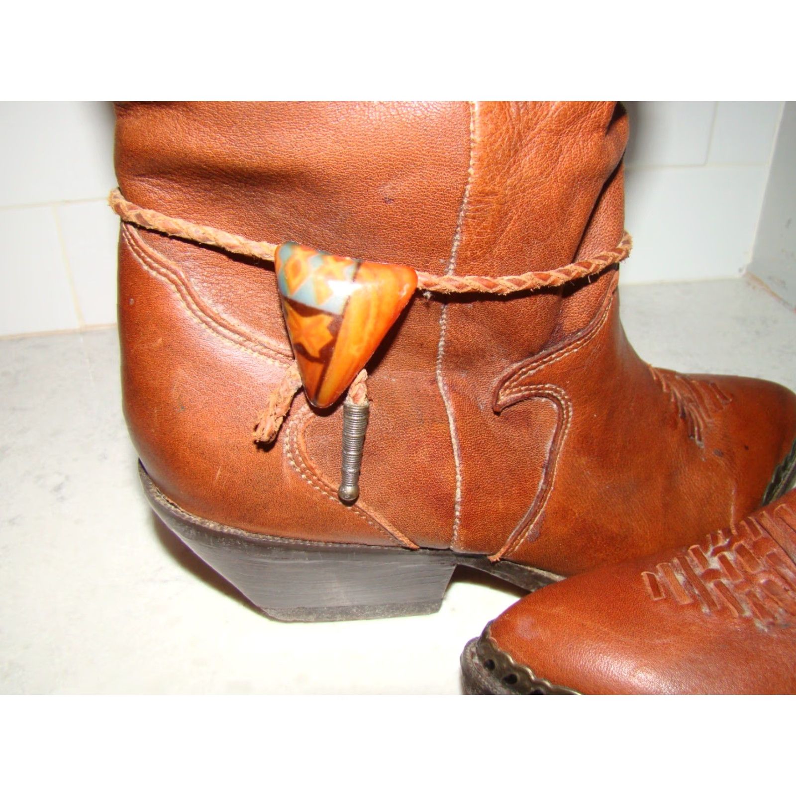 Vintage VINTAGE Zodiac Boots Western Slouch Bolo Tie Toe Cap Brown Leather Women Medium 9M Size ONE SIZE - 3 Thumbnail