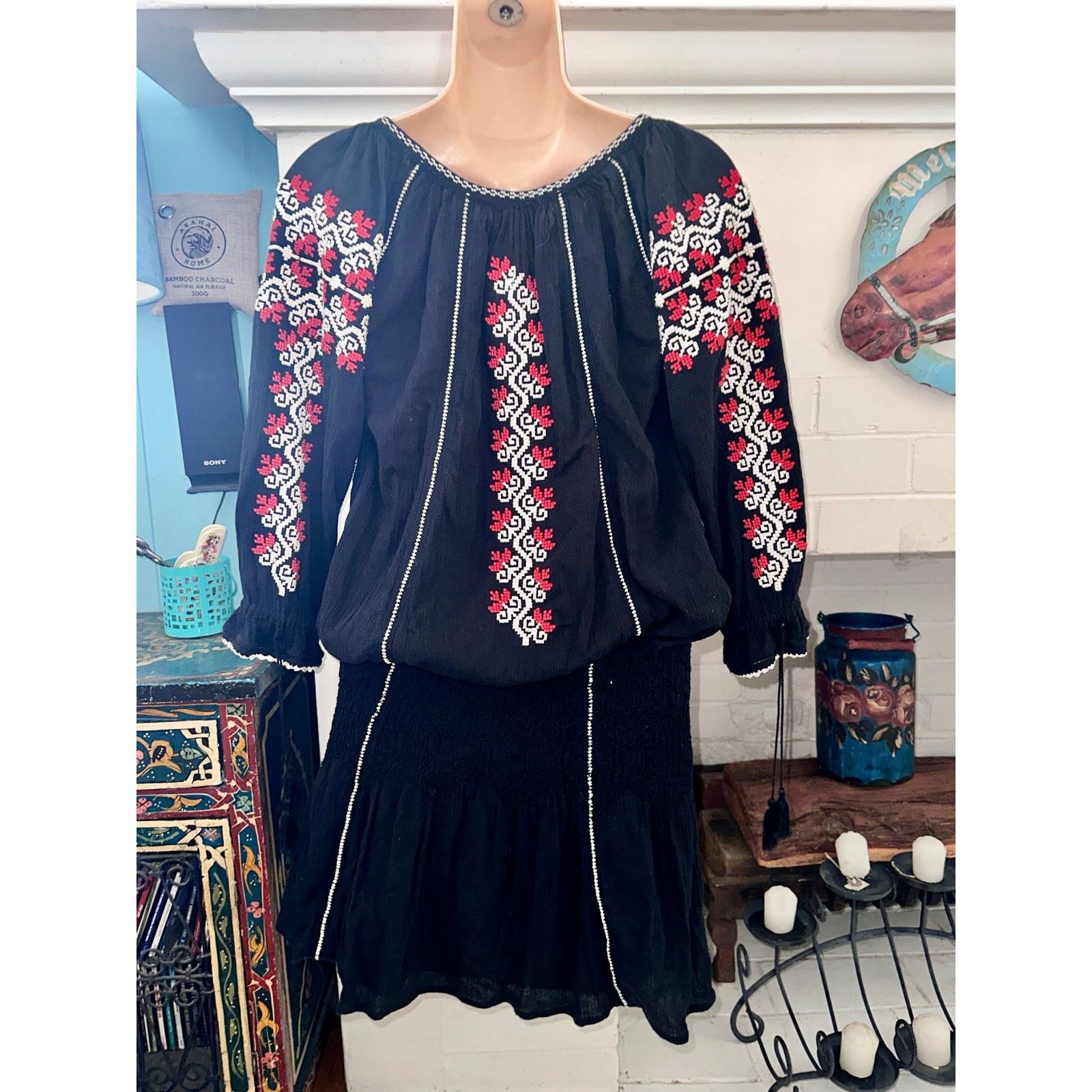 Ulla Johnson ULLA JOHNSON BLACK COTTON GAUZE EMBROIDERED PEASANT DRESS Size S / US 4 / IT 40 - 2 Thumbnail