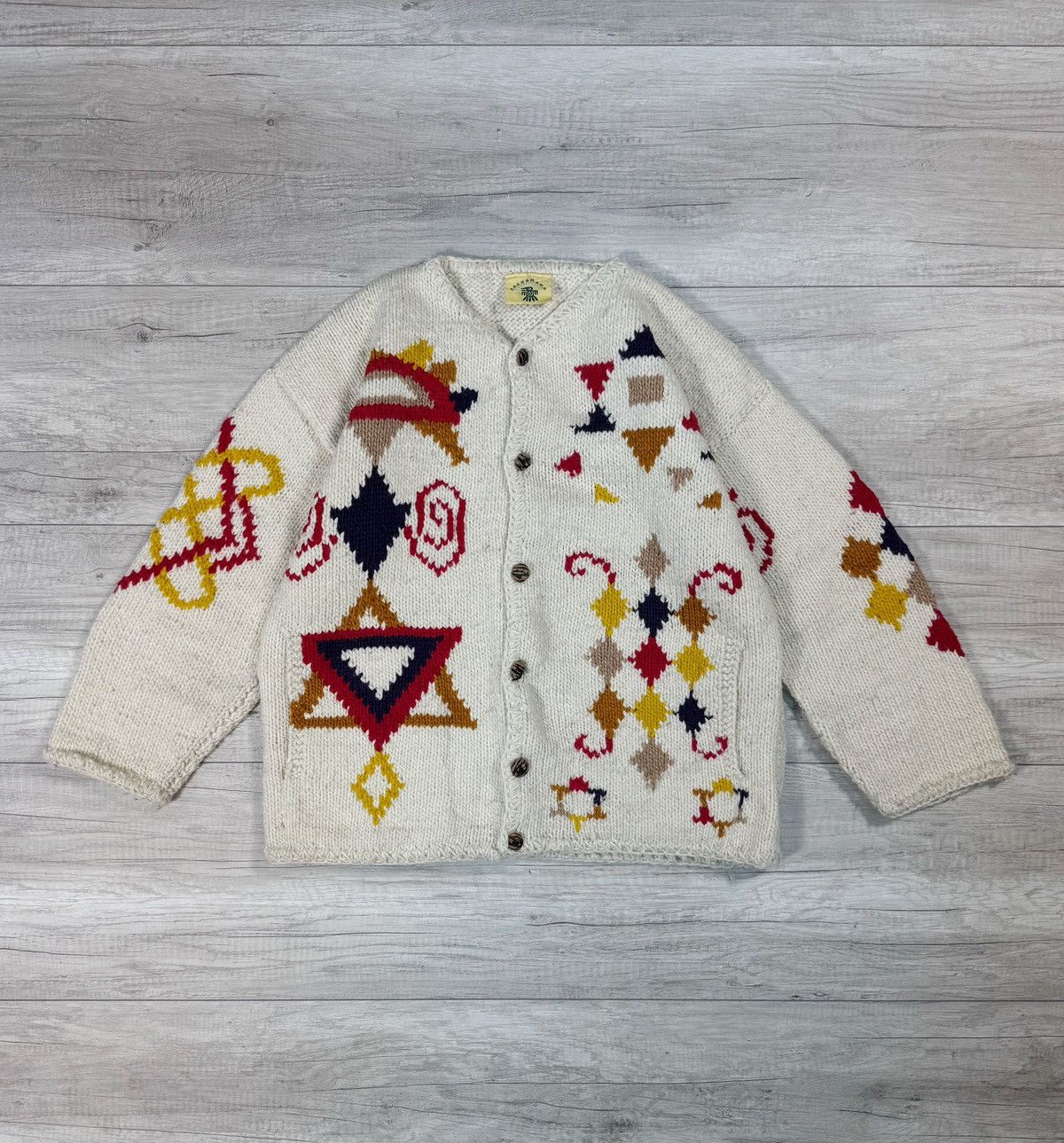 Handmade Pachamama Vintage Handmade Knitted Wool Patterned Cardigan Size US L / EU 52-54 / 3 - 1 Thumbnail