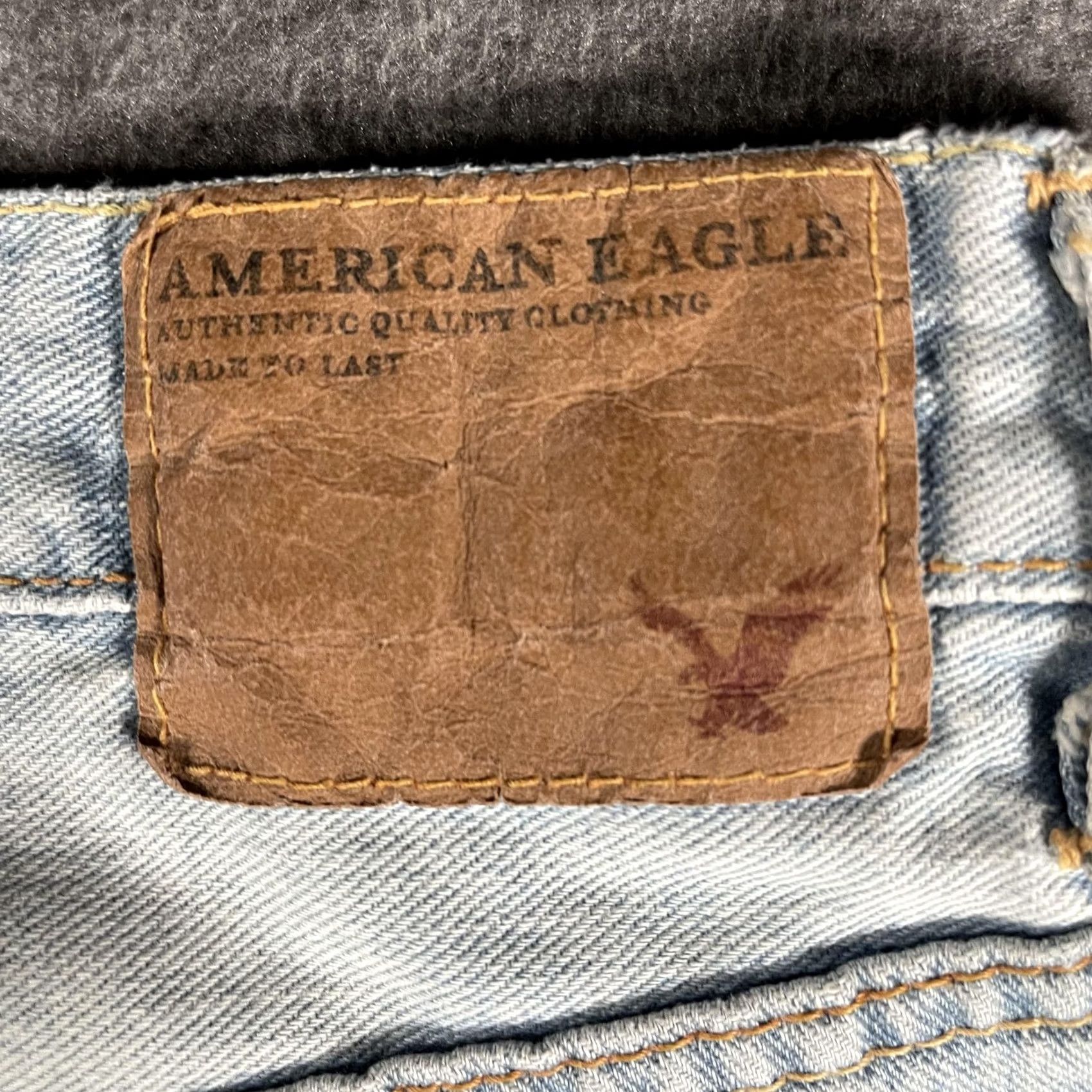 Vintage American Eagle Jeans Men's 29x29 Low Loose Relaxed Straight Distressed Plaid Patch Light Blue Denim Size US 29 - 5 Thumbnail