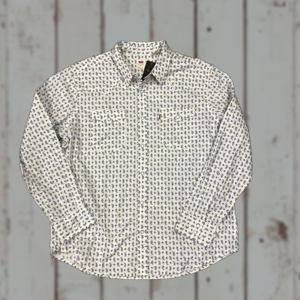 Levi's Levi’s Shirt Mens Xl White Blue Paisley Pearl Snap Western All Over Print NWT Size US XL / EU 56 / 4 - 1 Thumbnail