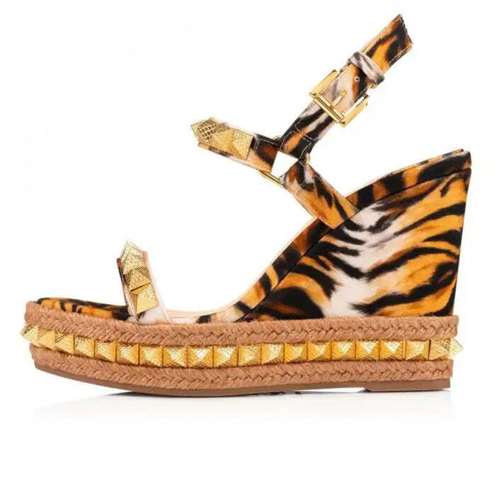 Christian Louboutin Pyraclou 110 Bengale Gold Platform Wedge Sandal Heel Pump 38 Size US 8 / IT 38 - 3 Thumbnail
