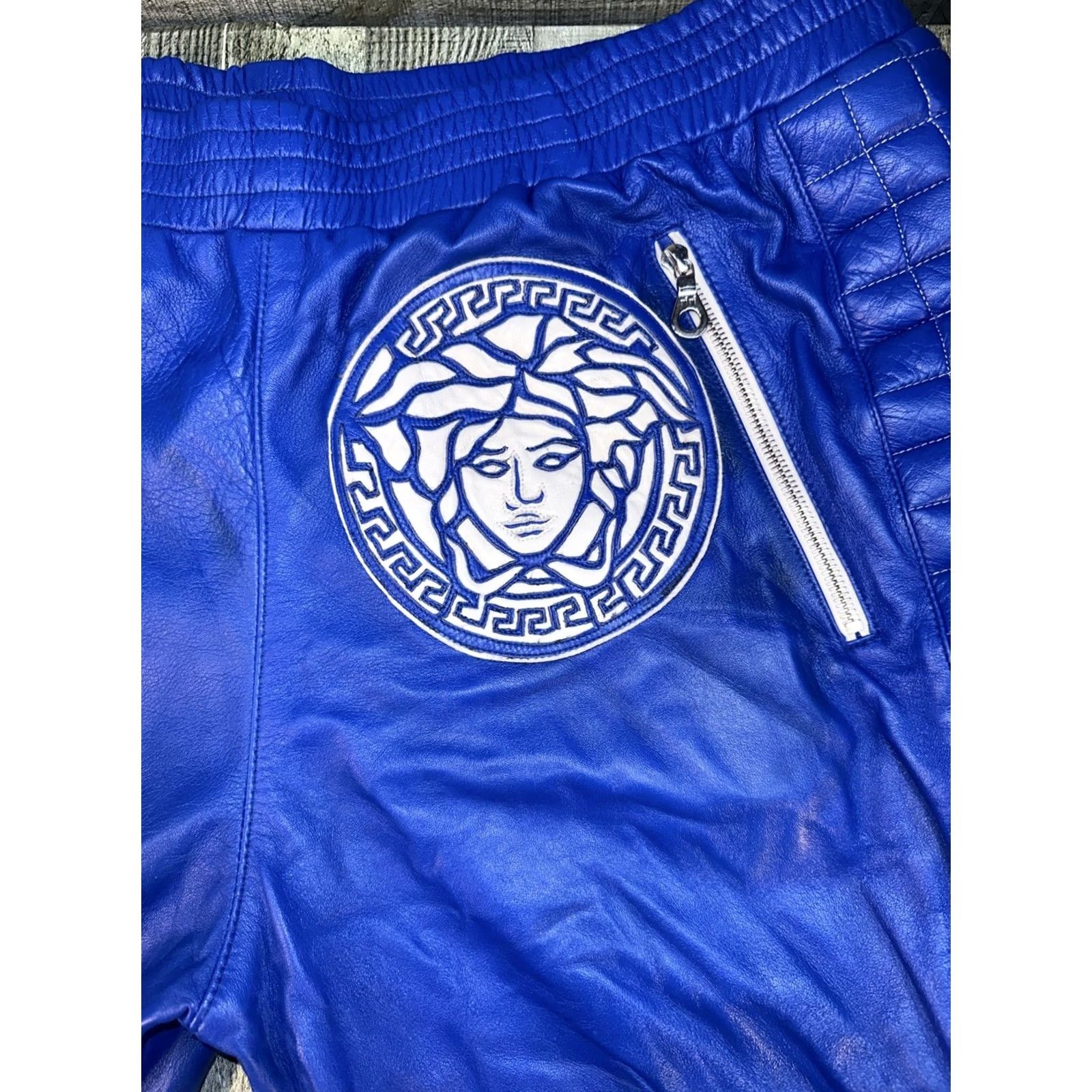 Vintage Blue Leather Moto Biker Pants 42x34 Medusa RiRi Zippers Quilted Men XS? Size US 42 / EU 58 - 2 Thumbnail