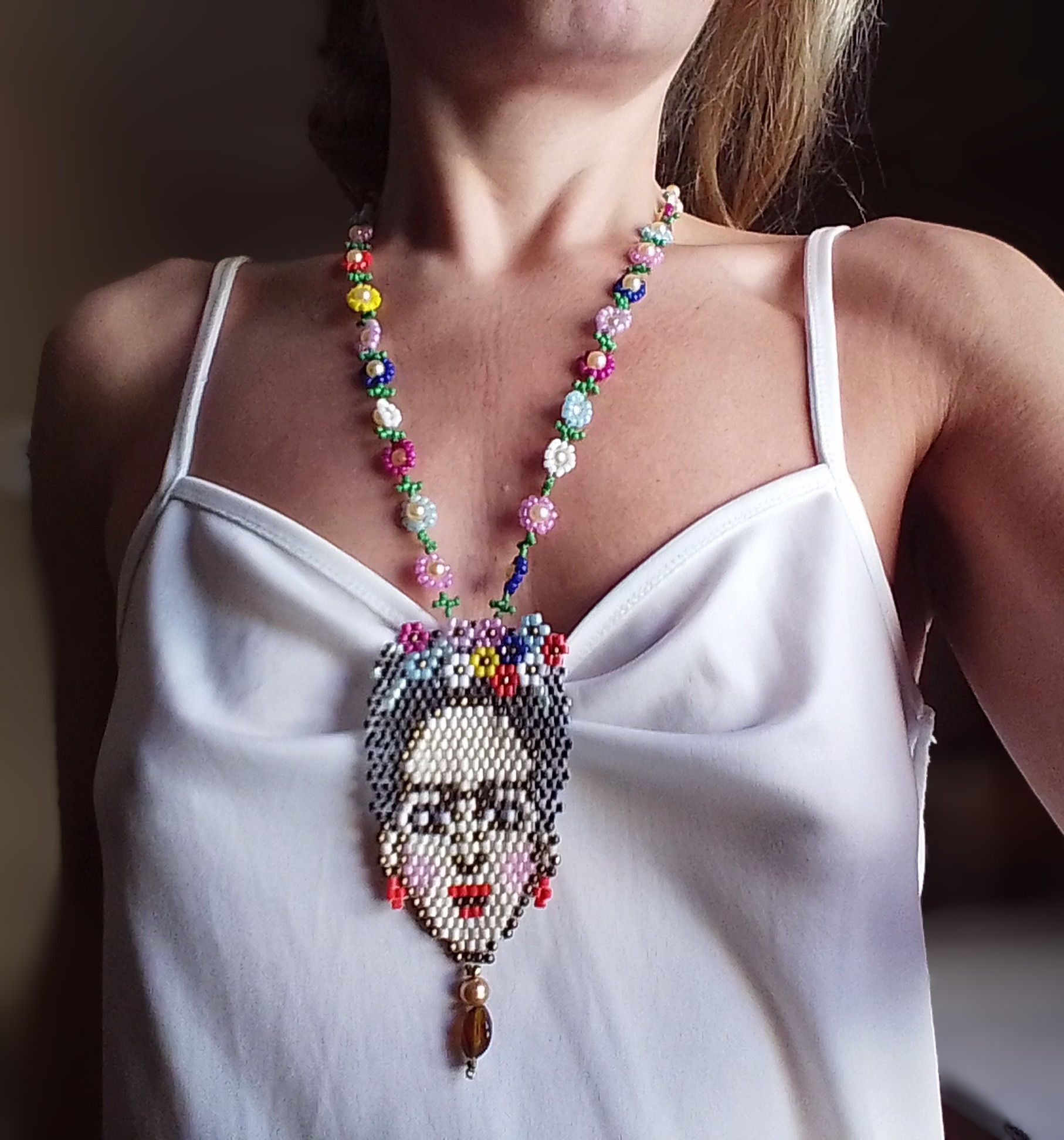 Handmade Necklace. Long. Flower. Pearls. Frida beaded pendant Size ONE SIZE - 6 Thumbnail