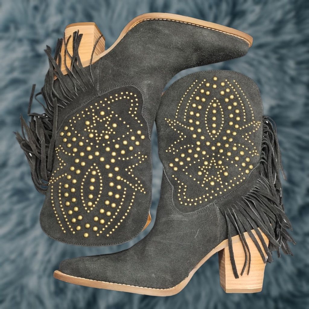 Vintage Dingo Star Power Western Boots Womens US 9M Black Leather Fringe Studded DI2357 NWOB Women Size 9 Western Boot Size US 9 / IT 39 - 1 Thumbnail