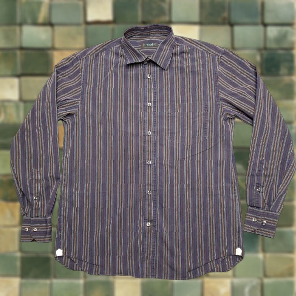 Canali VINTAGE Canali Shirt Mens M Brown Striped Long Sleeve Button Casual Made in Italy Size US M / EU 48-50 / 2 - 1 Thumbnail