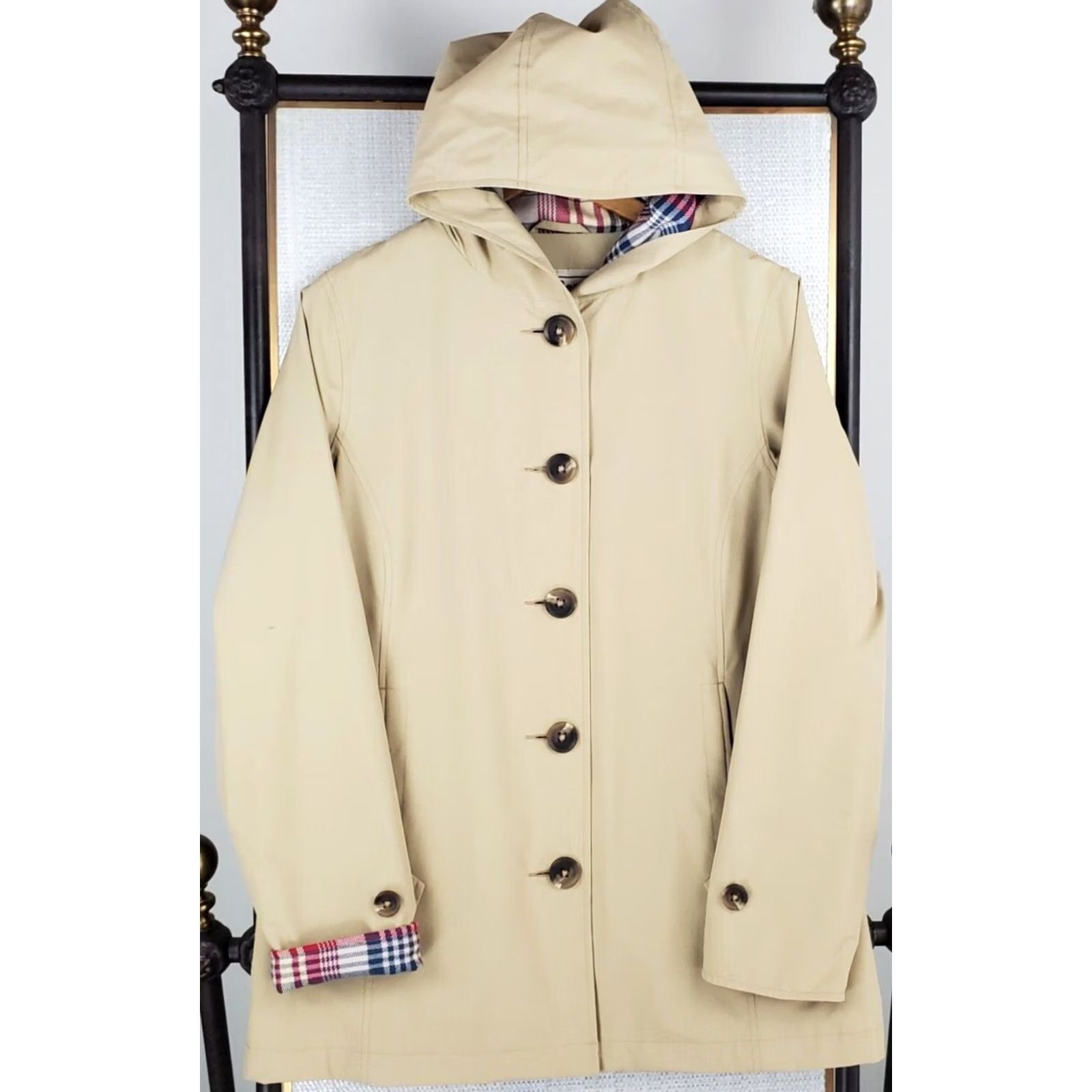 Vintage L.L. Bean Womens Hooded Button Front Macintosh Jacket Khaki Small Beigh Size S / US 4 / IT 40 - 3 Thumbnail