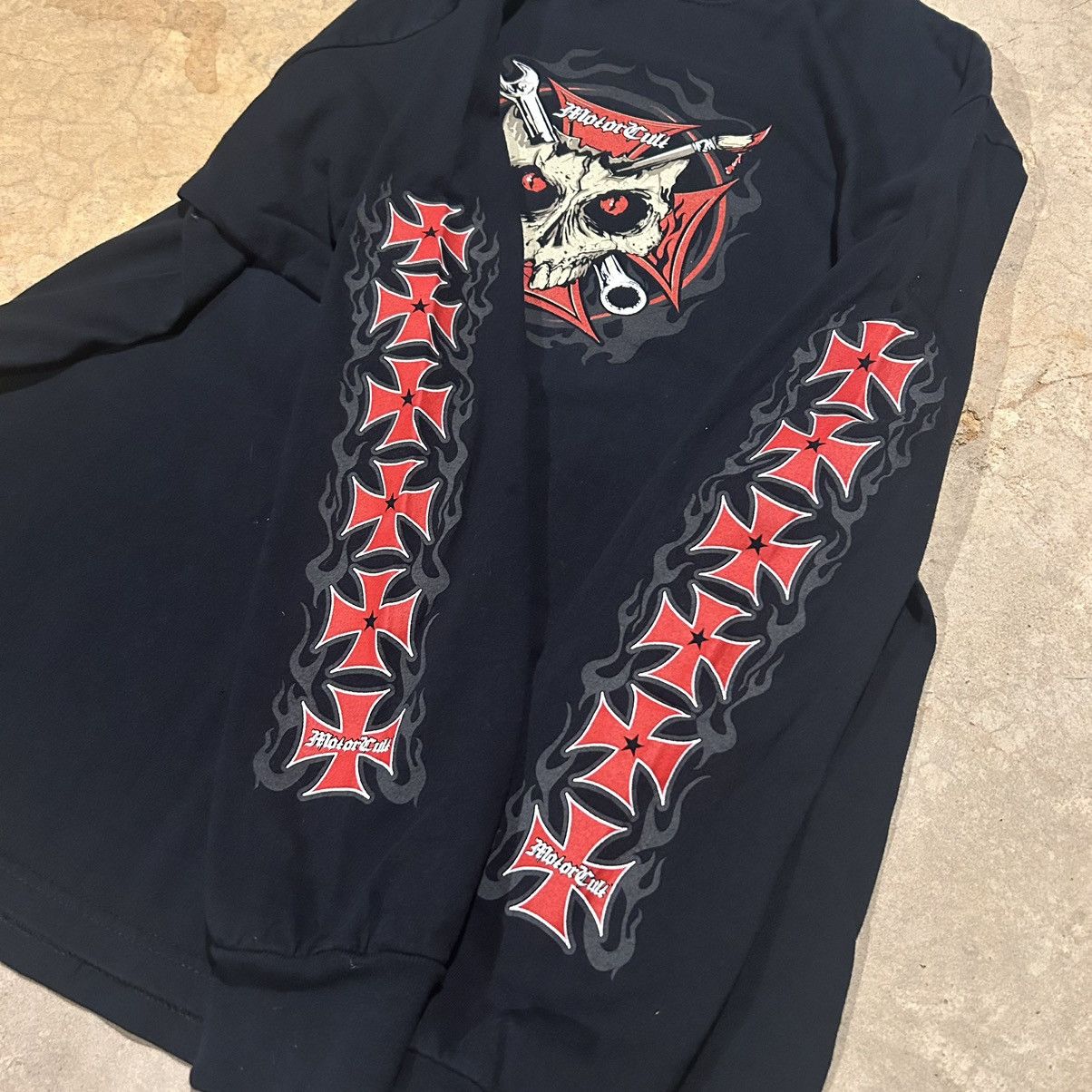 Harley Davidson × Vintage Crazy Vintage Y2K Motorcult Flame Sleeve Cross Skull Tee Size US XL / EU 56 / 4 - 5 Thumbnail