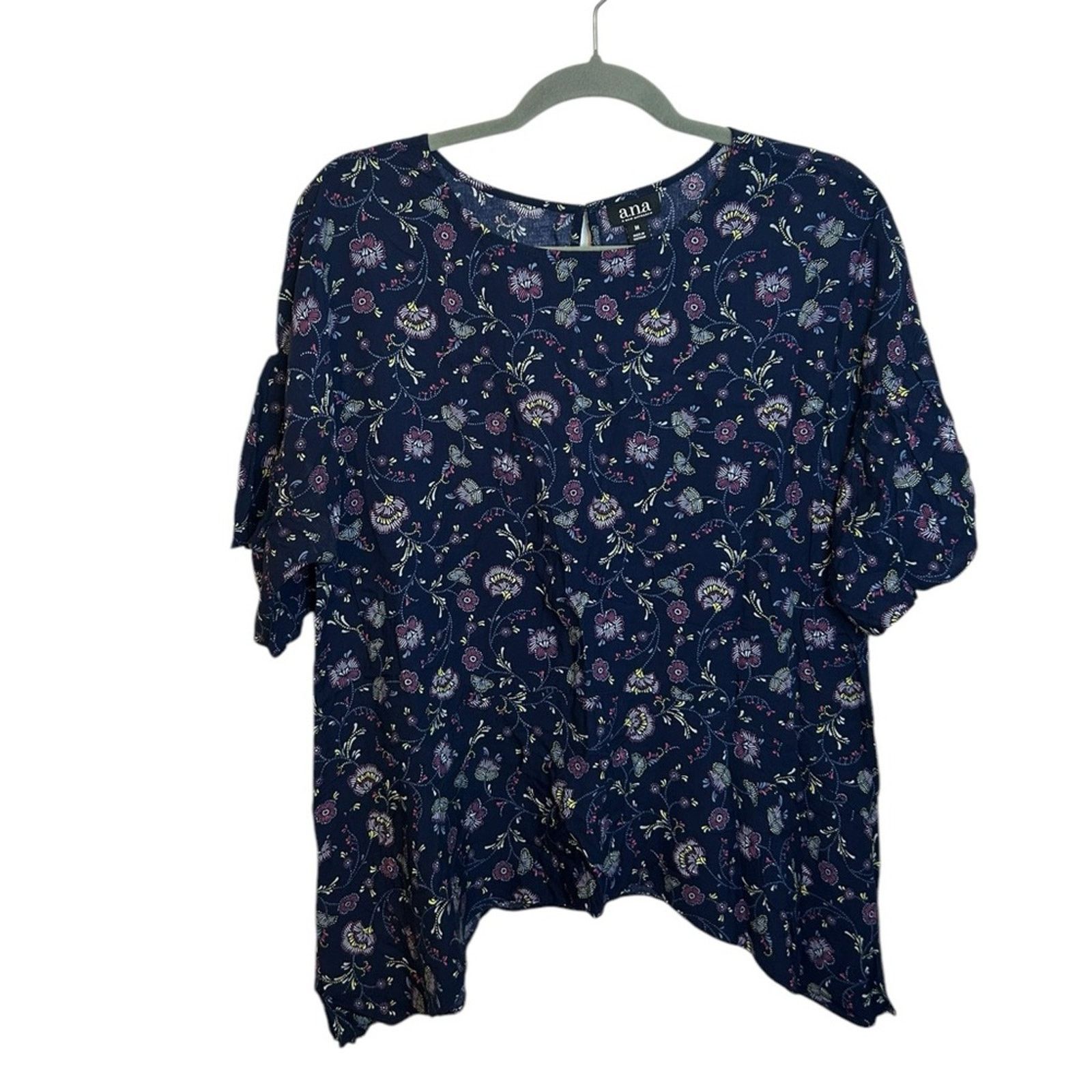 Other a.n.a Navy Floral Boho Bell Sleeve Blouse Size M / US 6-8 / IT 42-44 - 1 Thumbnail