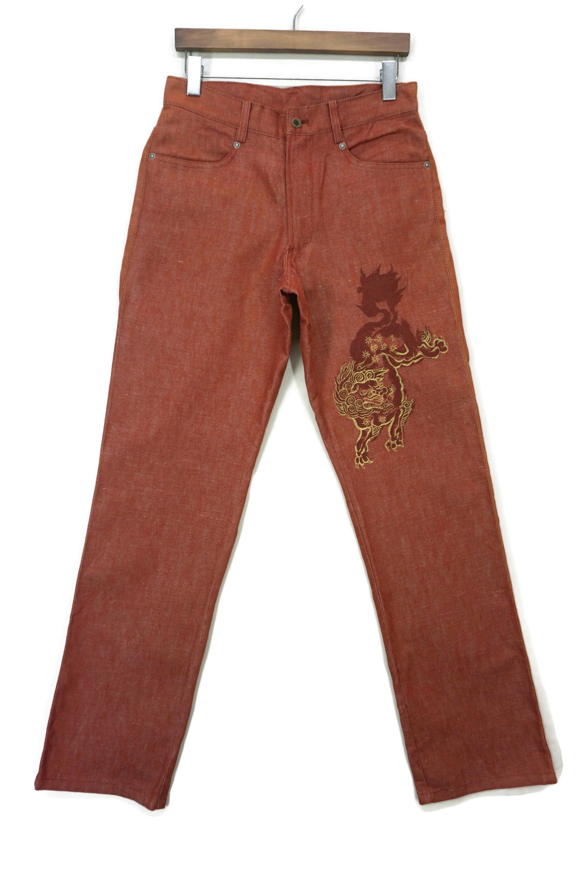 image of Gaultier Homme Objet Straight Leg Linen Blend Embroidered Embellished Jeans in Brown Orange (Size 3