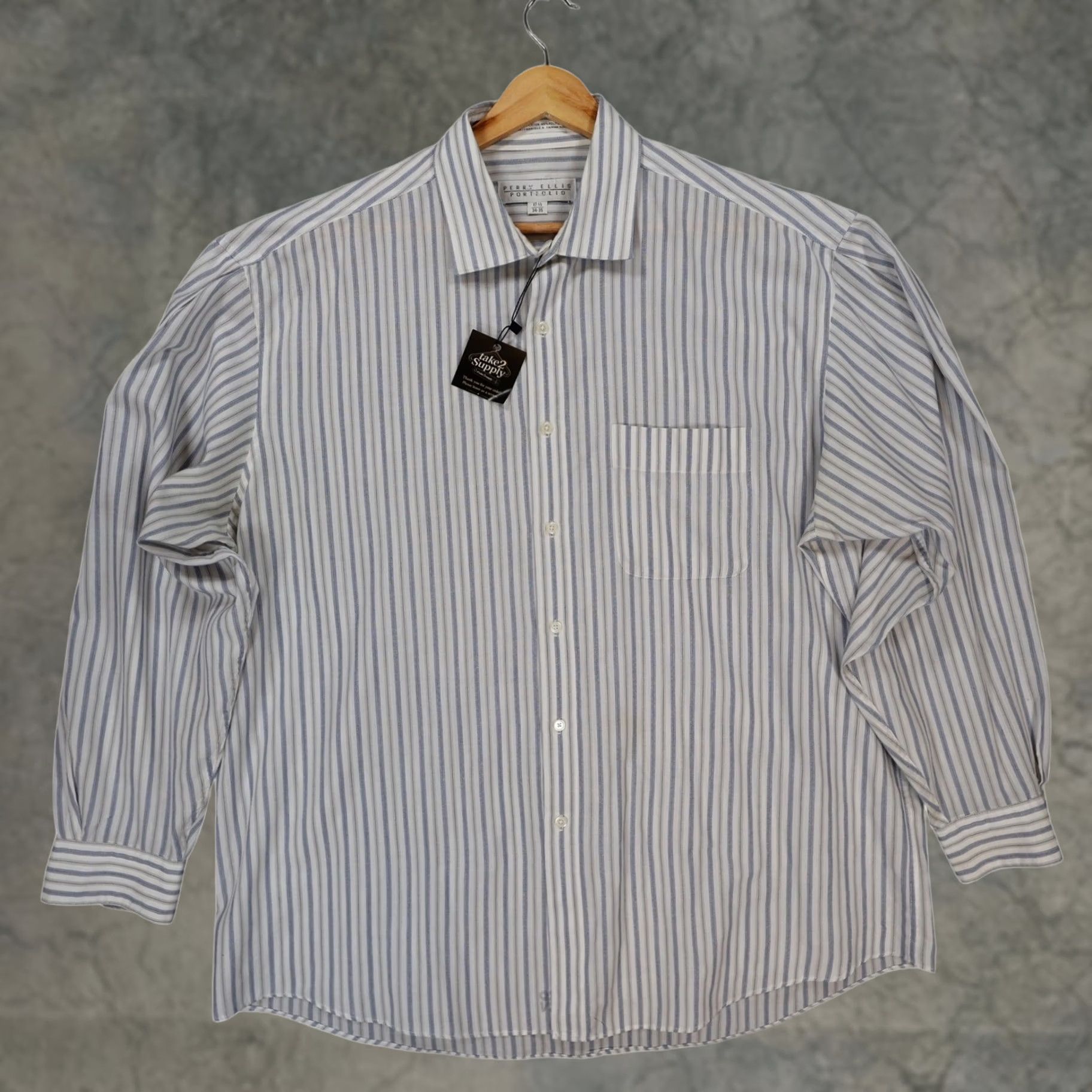 Perry Ellis Perry Ellis Portfolio Shirt Mens 17.5 34-35 Blue Striped Button Up Size US XXL / EU 58 / 5 - 1 Thumbnail