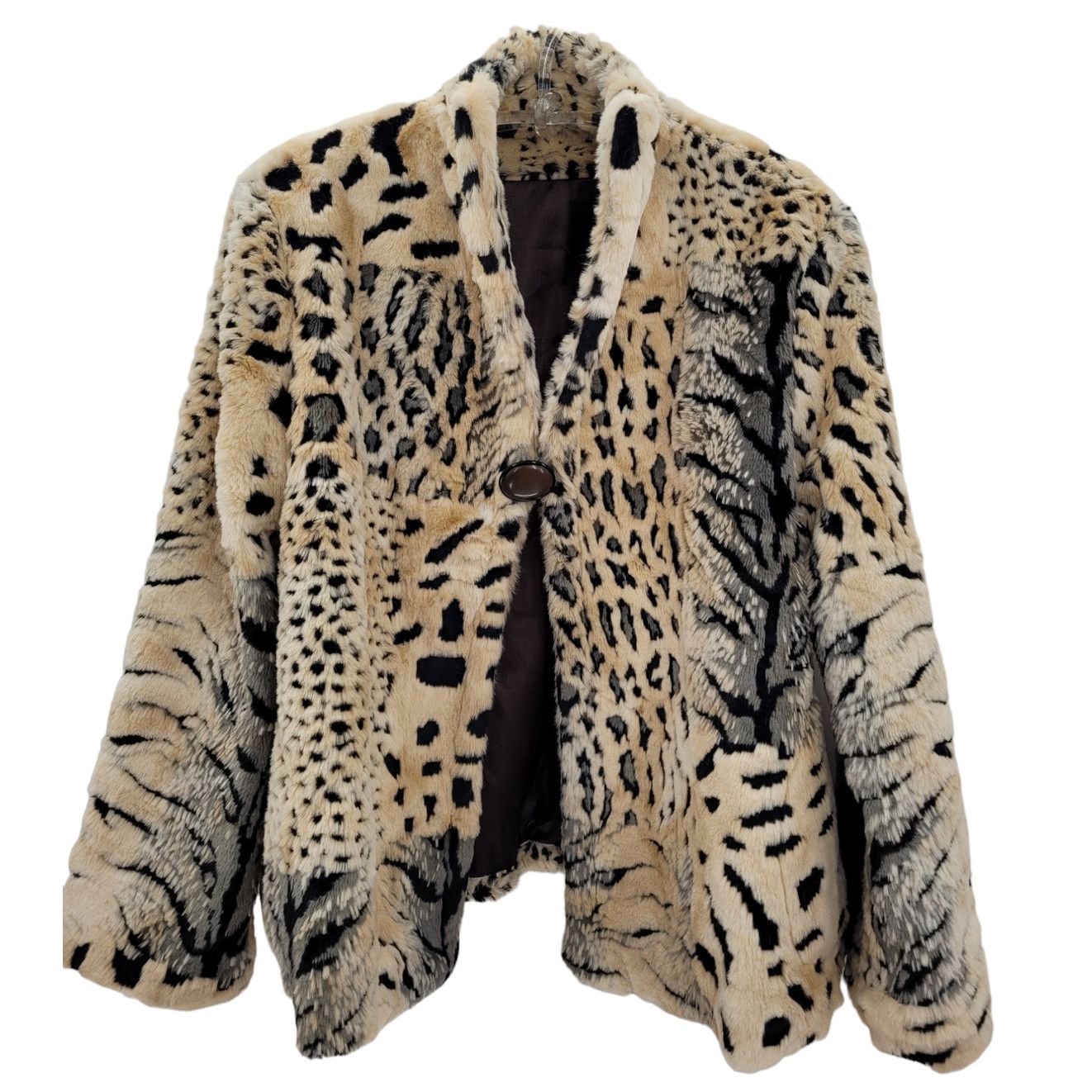 image of Vintage Animal Print Faux Fur High Neck Glam Swing Coat in Brown, Women's (Size XL)