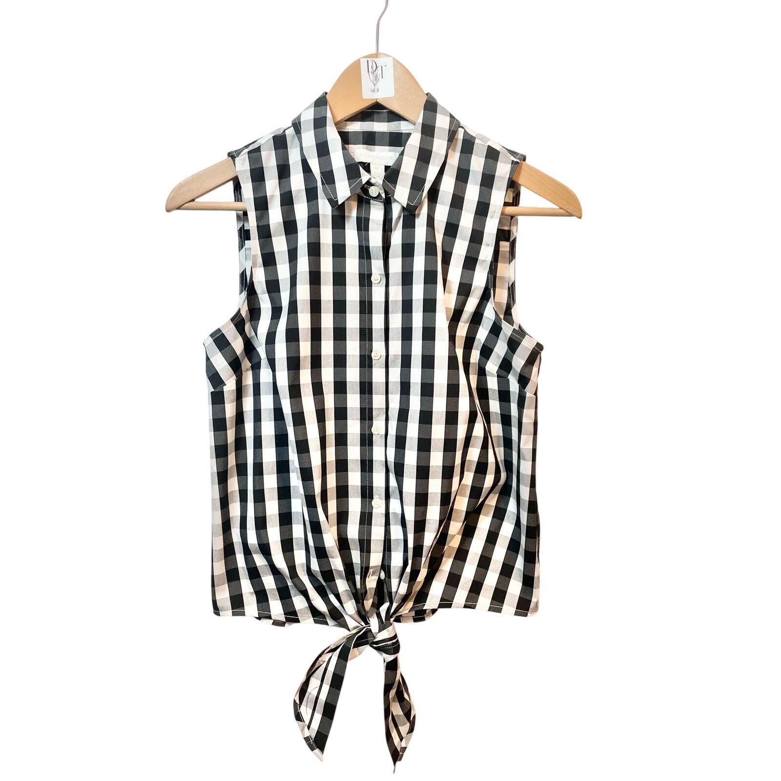 Other Charter Club Women gingham Black White Print Tie Hem Shirt Size M / US 6-8 / IT 42-44 - 4 Thumbnail