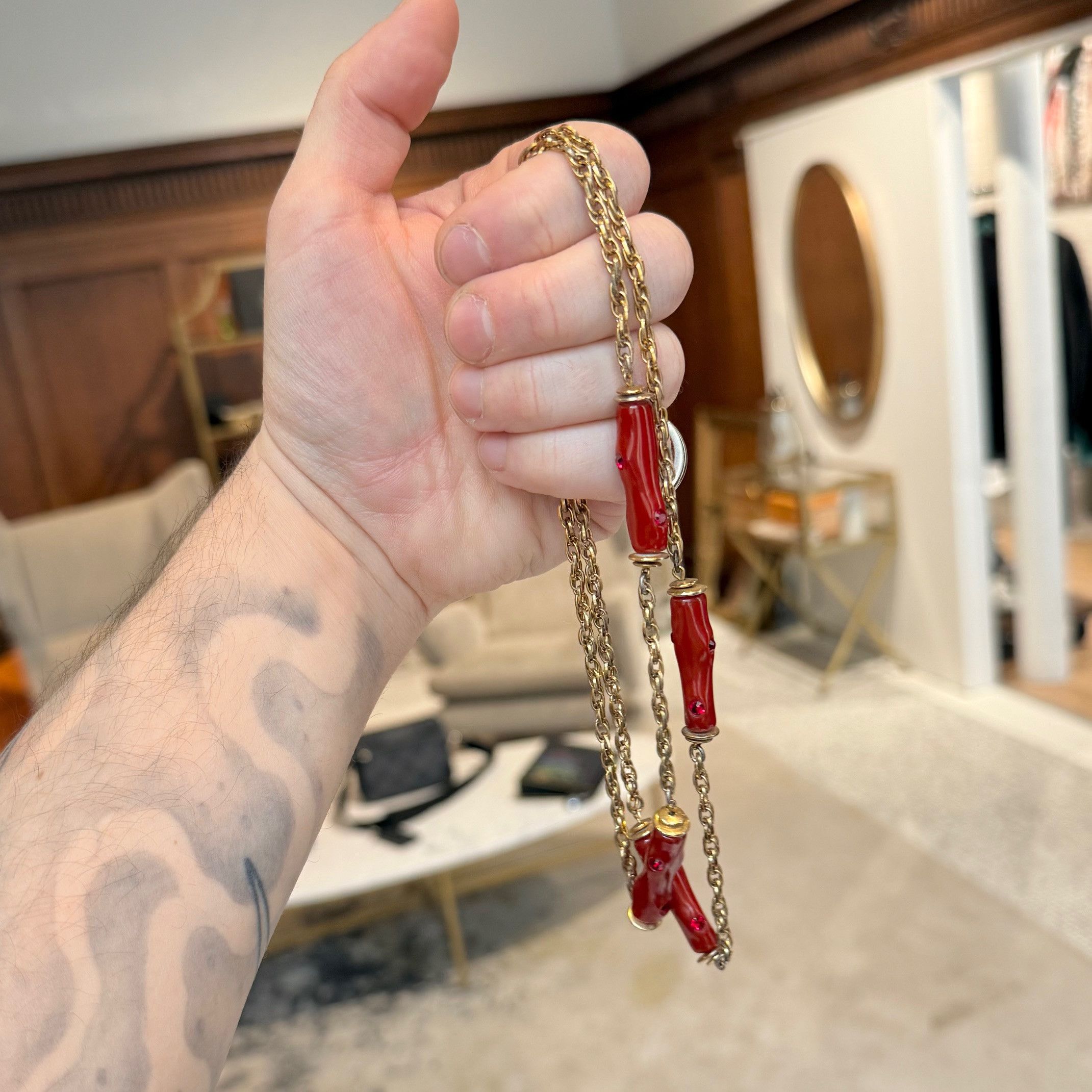 Givenchy Vintage Gold Chain Faux Coral Crystal Necklace