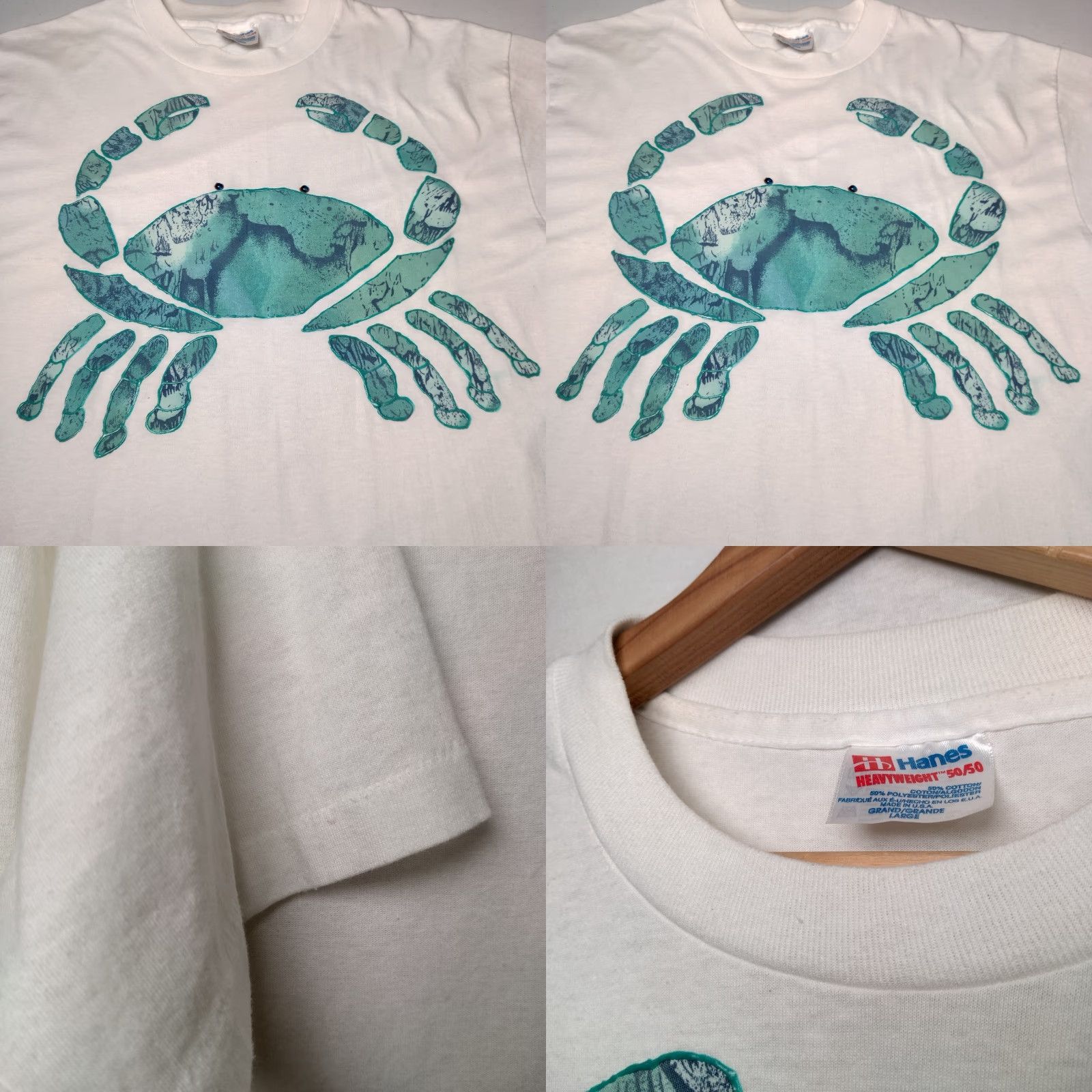 Hanes VINTAGE Hanes Blue Crab T-Shirt Men Large Short Sleeve Cotton Blend White Beach Sea Ocean Life Size US L / EU 52-54 / 3 - 8 Thumbnail