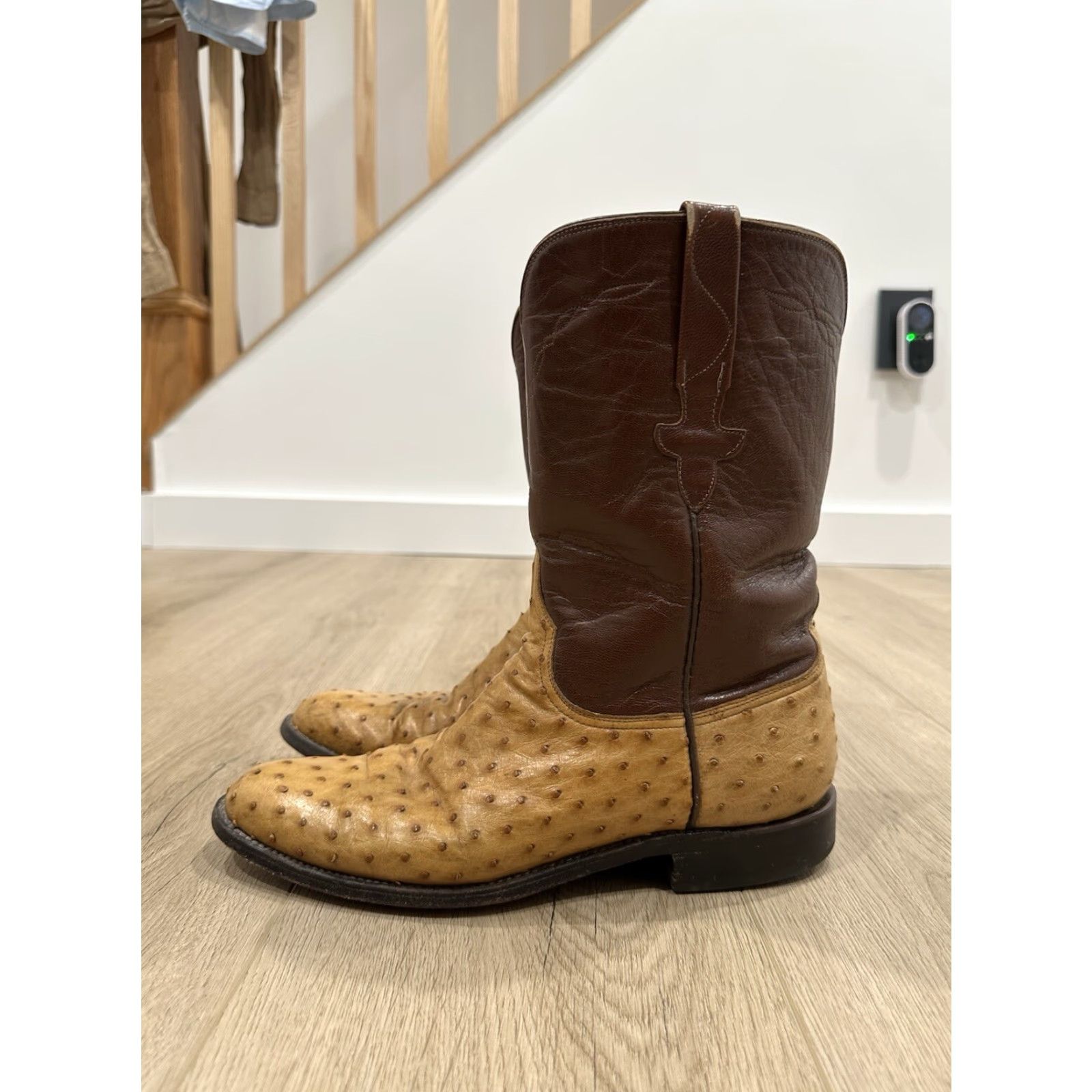 Roper Lucchese Boots Men 9B Full Quill Ostrich Roper L8128 Brown Leather Western Shoe Size 9 Mens Steps Pull On Size US 9 / EU 42 - 5 Thumbnail