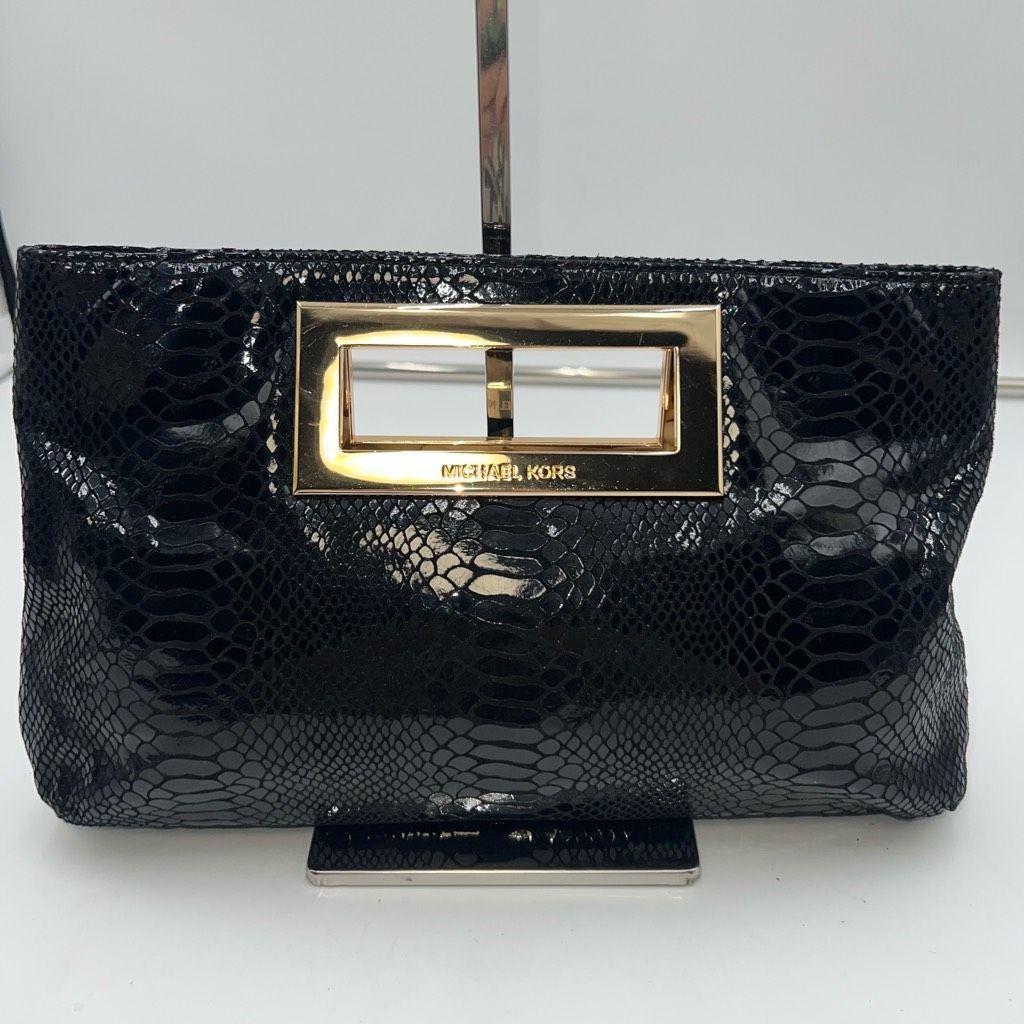 Michael Kors Michael Michael Kors Snake Embossed Shiny Suede Metal Branded Handle Clutch Size ONE SIZE - 1 Thumbnail