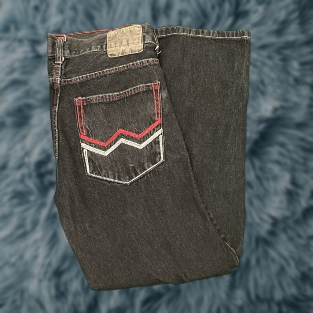 Vintage VINTAGE Carked Jeans Baggy Skater Grunge Jeans VTG Mens 34 34x30 Black Red Wide-Leg Size US 34 / EU 50 - 1 Thumbnail