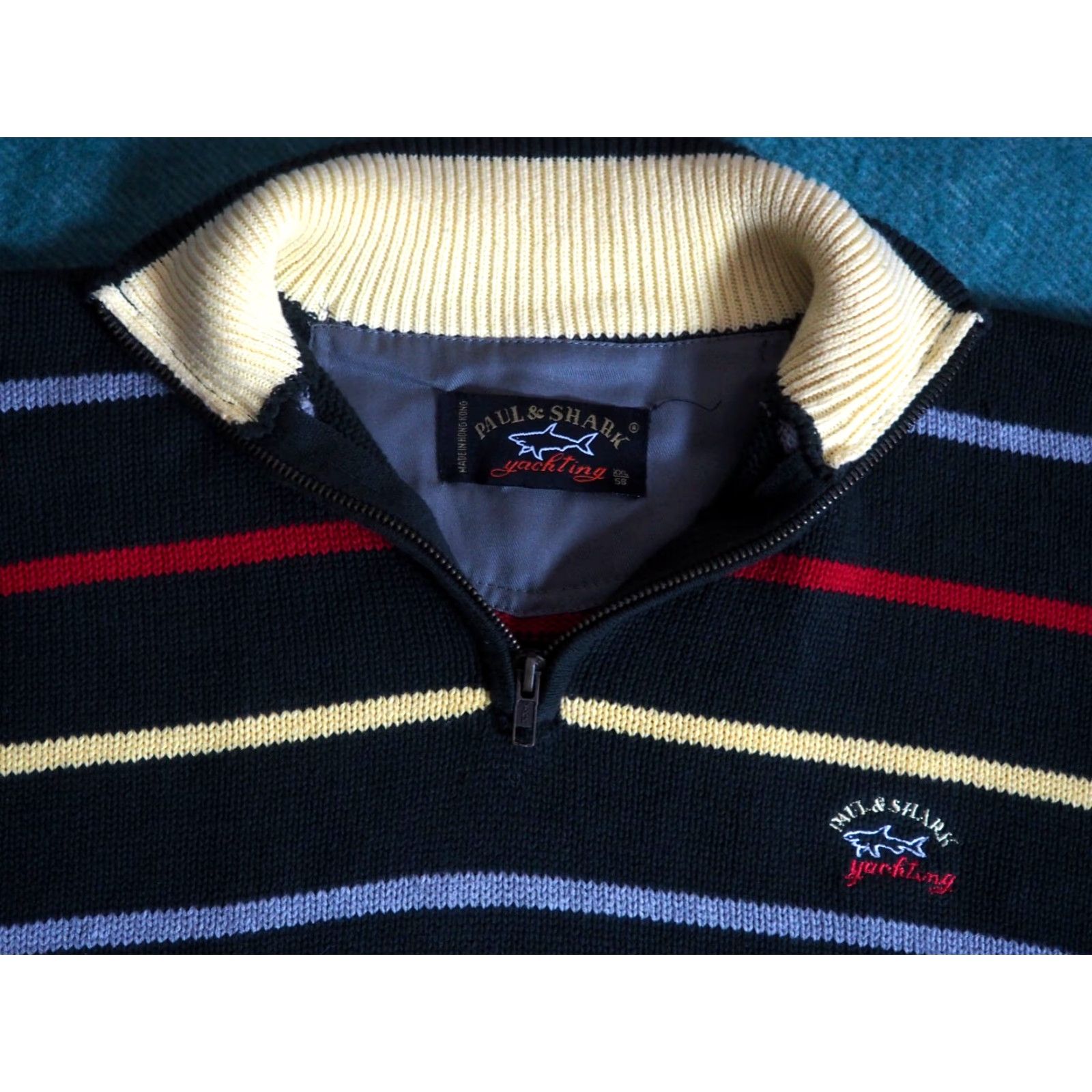 Paul & Shark VTG Paul Shark Yachting Forest Green Striped Cotton 1/4 Zip Pullover XL Sweater Men Size US XL / EU 56 / 4 - 2 Thumbnail