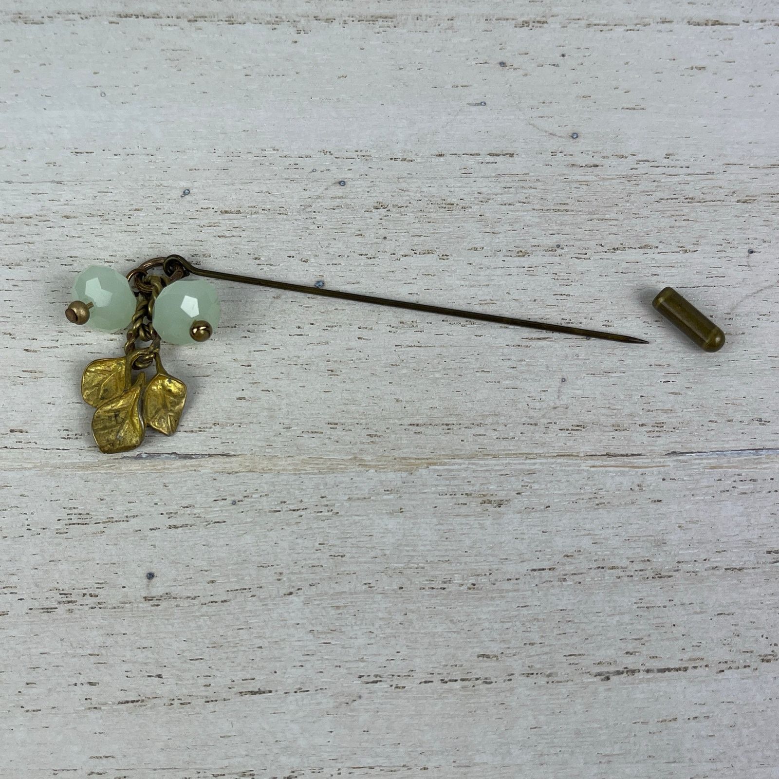 Other Brass Gold Tone Stick Pin Leaves Charm Mint Green Beads Size ONE SIZE - 4 Thumbnail