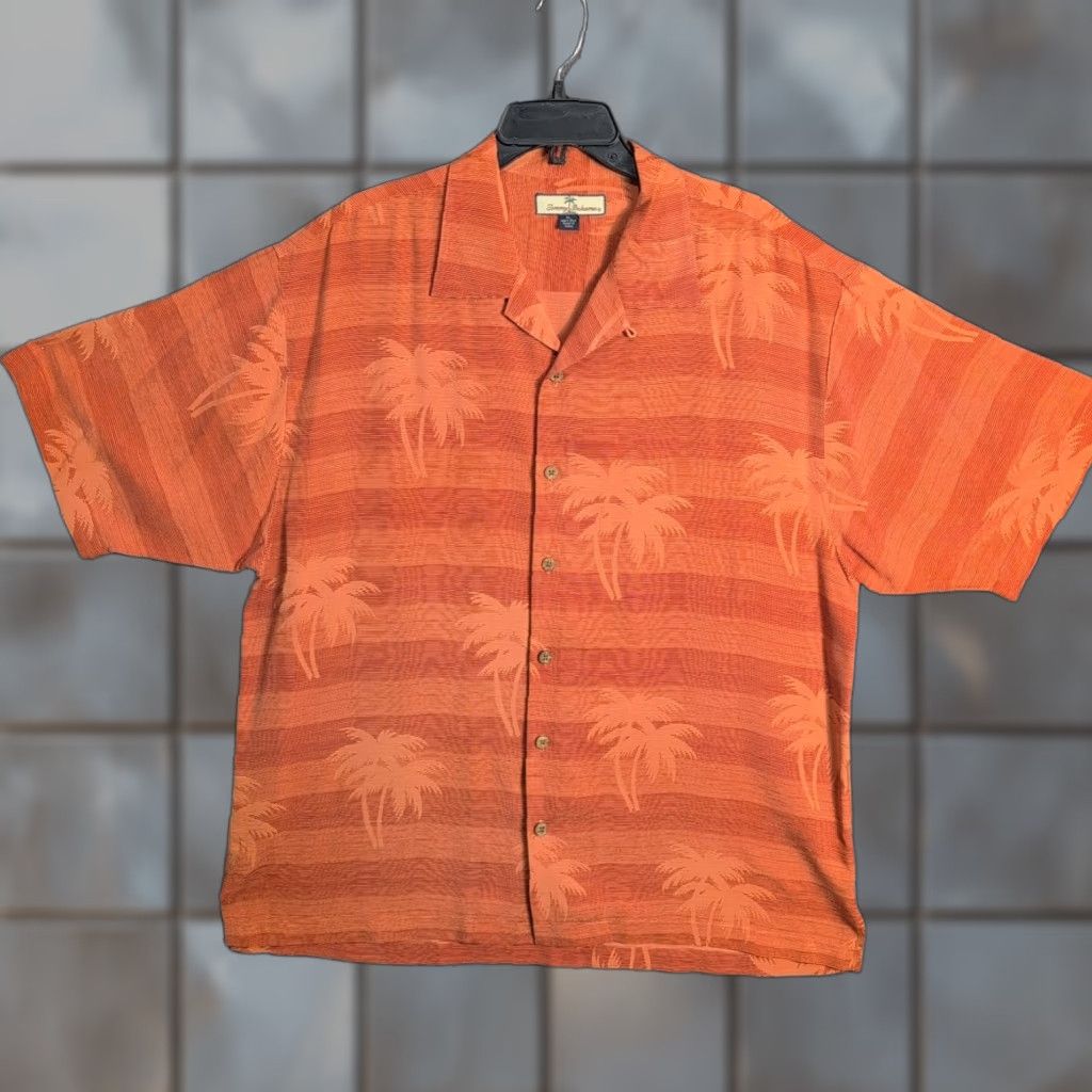 Tommy Bahama Shirt Adult XL Orange Palm Tree Print Button-Front Short Sleeve Mens Regular Fit