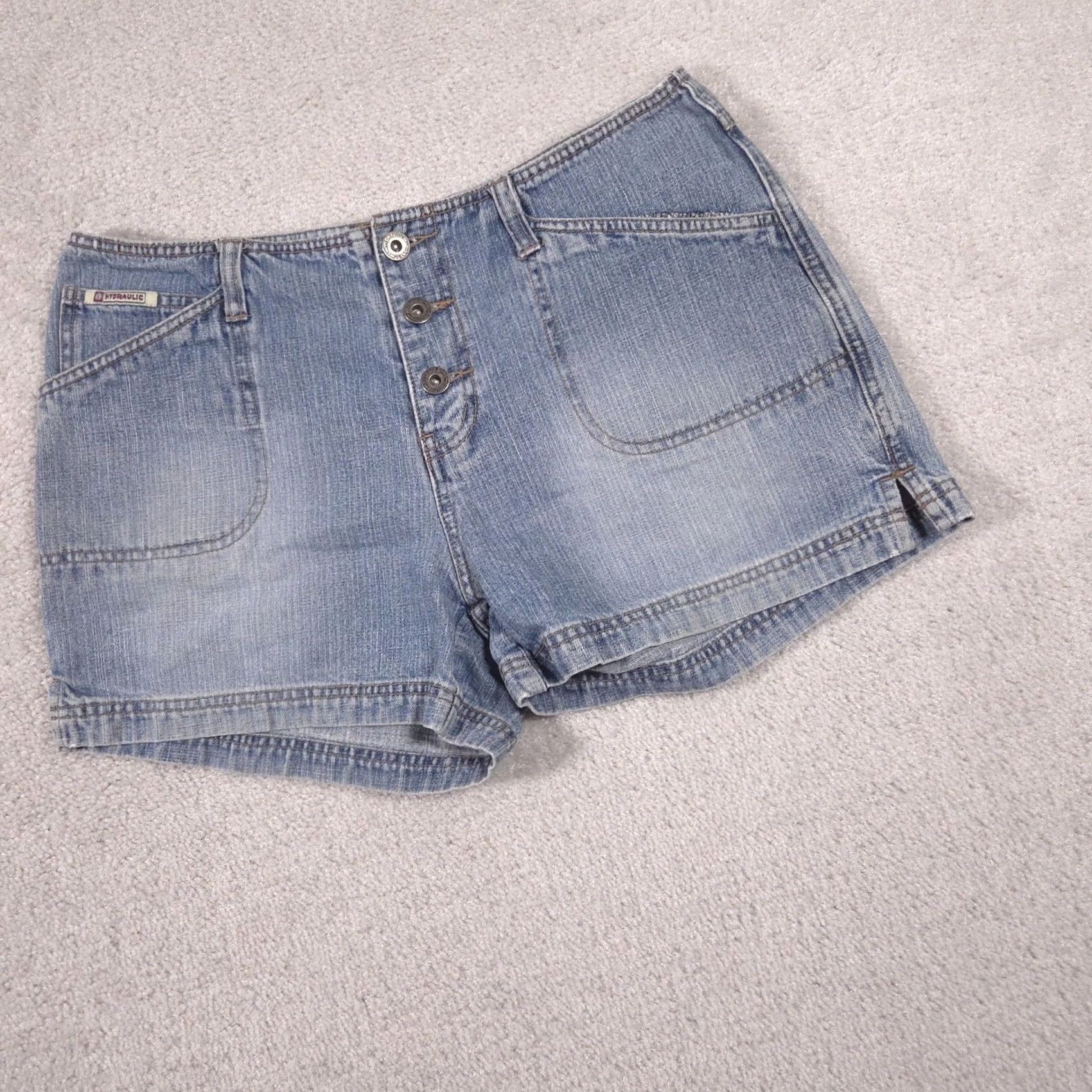 Vintage HYDRAULIC Jeans Shorts Juniors 9/10 Blue Denim Utility Button Fly Casual Pockets Size 30" / US 8 / IT 44 - 2 Thumbnail
