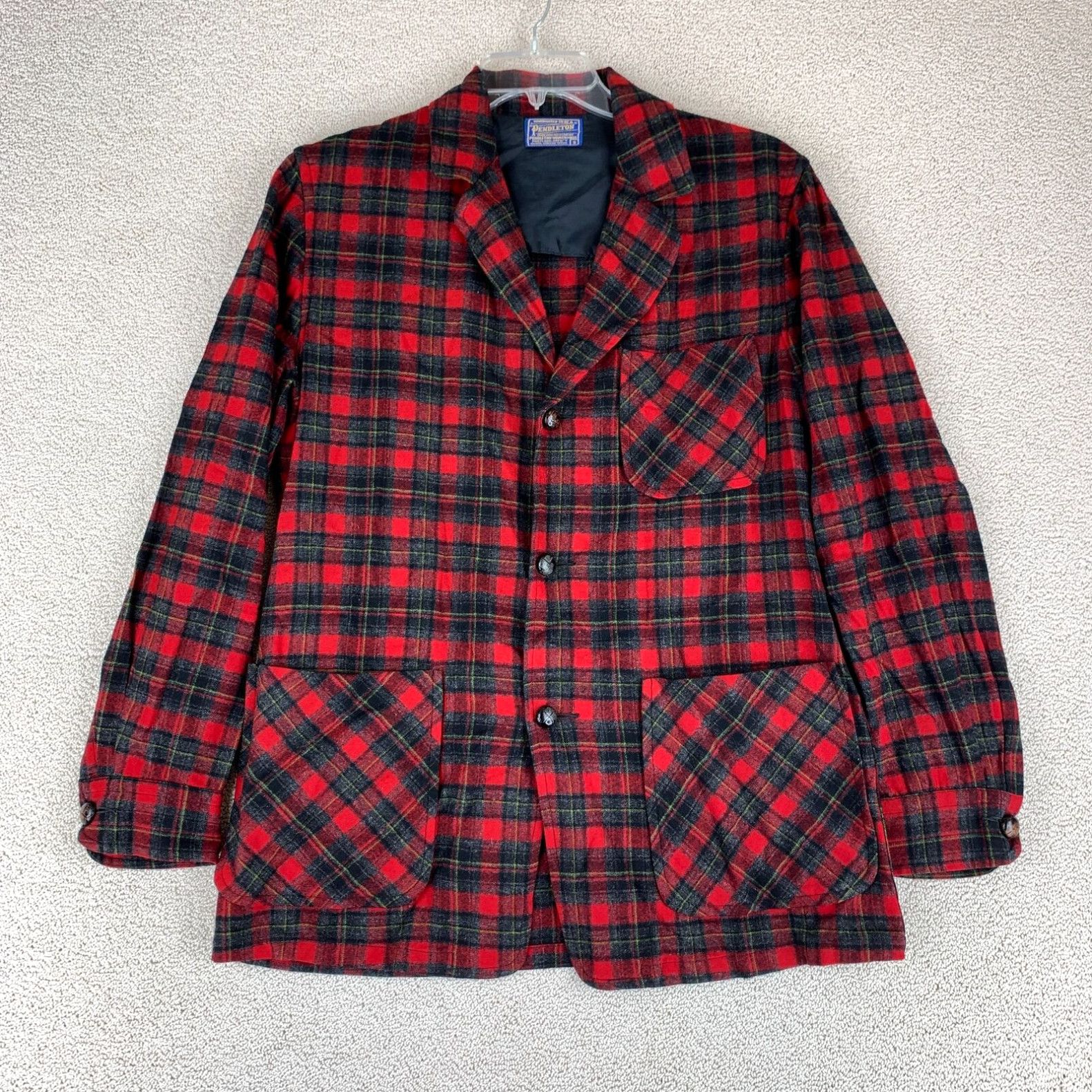 image of Pendleton Jacket Men's Small Long Sleeve Red Plaid Check Wool 3-Button in White