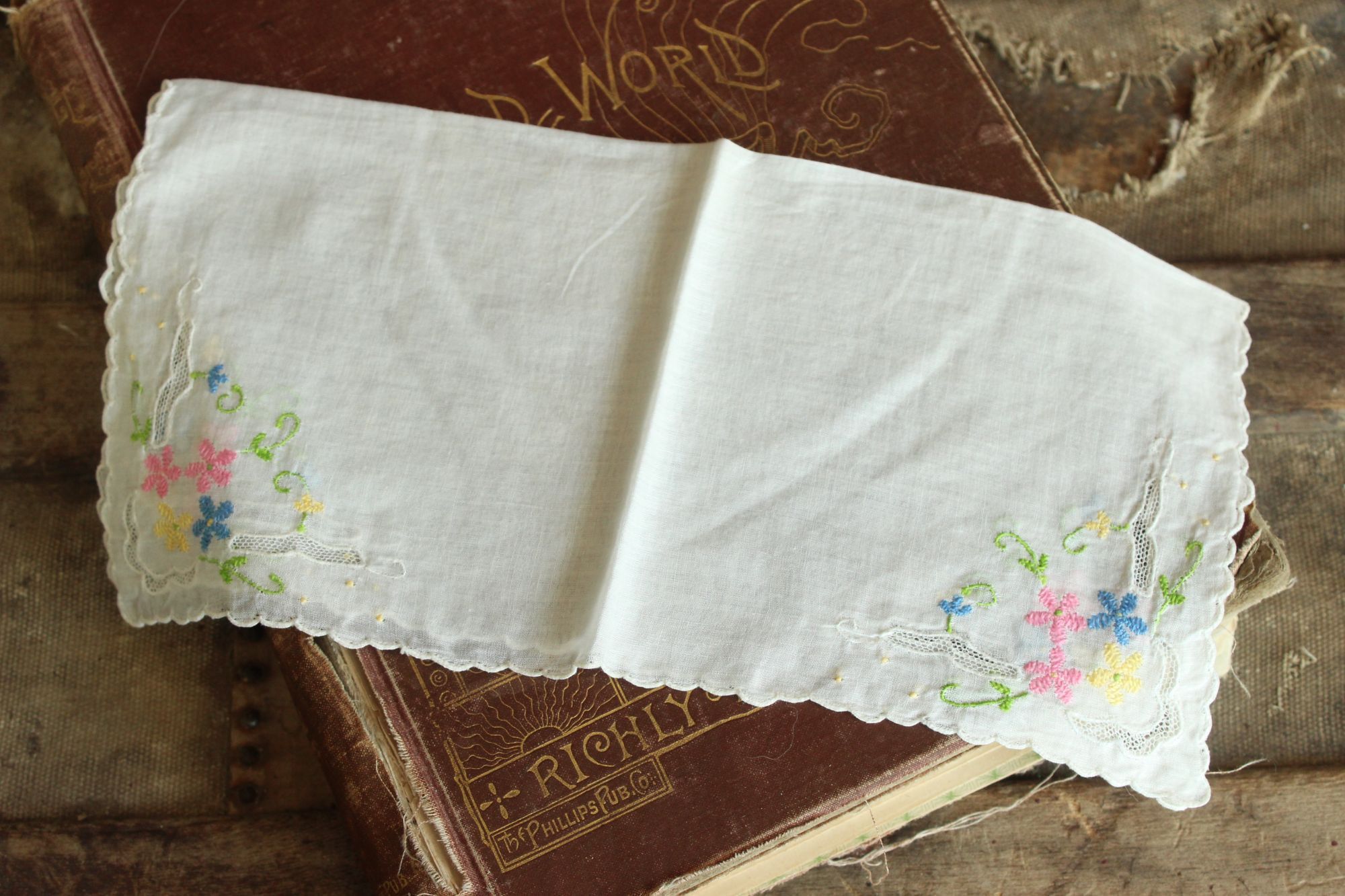 Vintage Vintage Handkerchief, Pink Blue and Yellow Flower Embroidery Size ONE SIZE - 4 Thumbnail