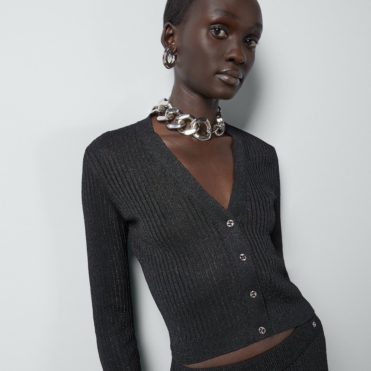 Gucci o1la5ras0526 Rib Stitch Viscose Lamé Cardigan in Black Size M / US 6-8 / IT 42-44 - 4 Thumbnail