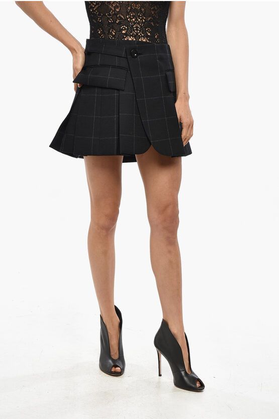 Windowpane Patterned Wool Blend Pleated Miniskirt