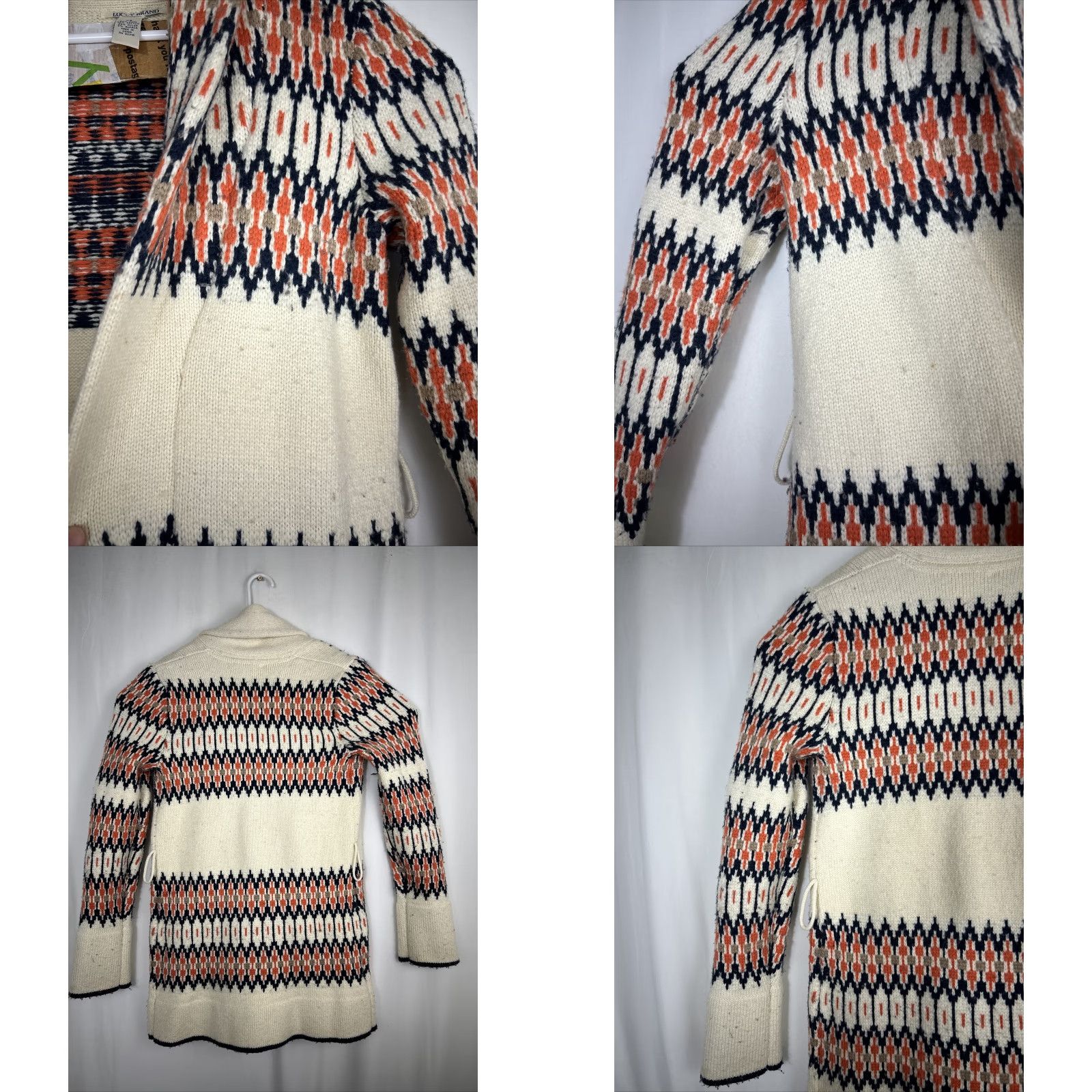 Lucky Brand VINTAGE Lucky Brand Cardigan Womens XS Wool Blend Belt Missing Belt Aztec Woodland Cream Blue Wool Blend Belted Cardigan Womens XS Blue Aztec Theme Size XS / US 0-2 / IT 36-38 - 8 Thumbnail