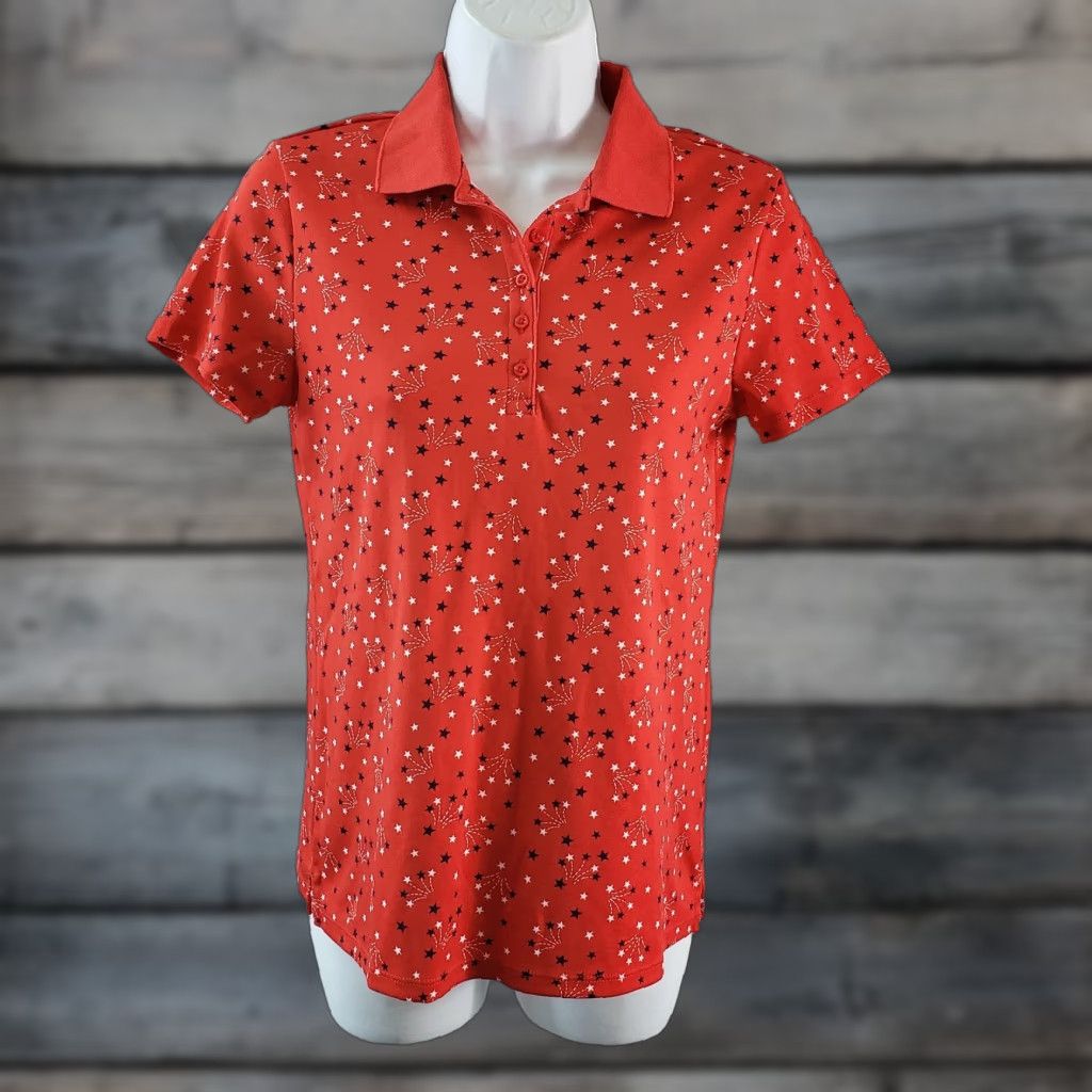 Lands' End VINTAGE? Lands End Polo Womens XS Red Star Print Short Sleeve Cotton Size 26" / US 2 / IT 38 - 1 Thumbnail