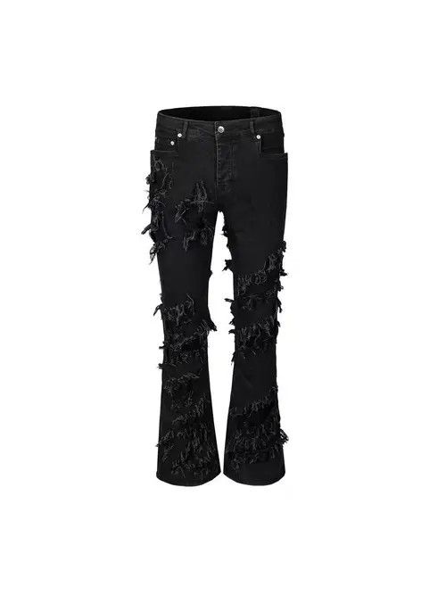 image of Street Erosion Damaged Raw Edge Micro-Flared Jeans in Black, Men's (Size 32)