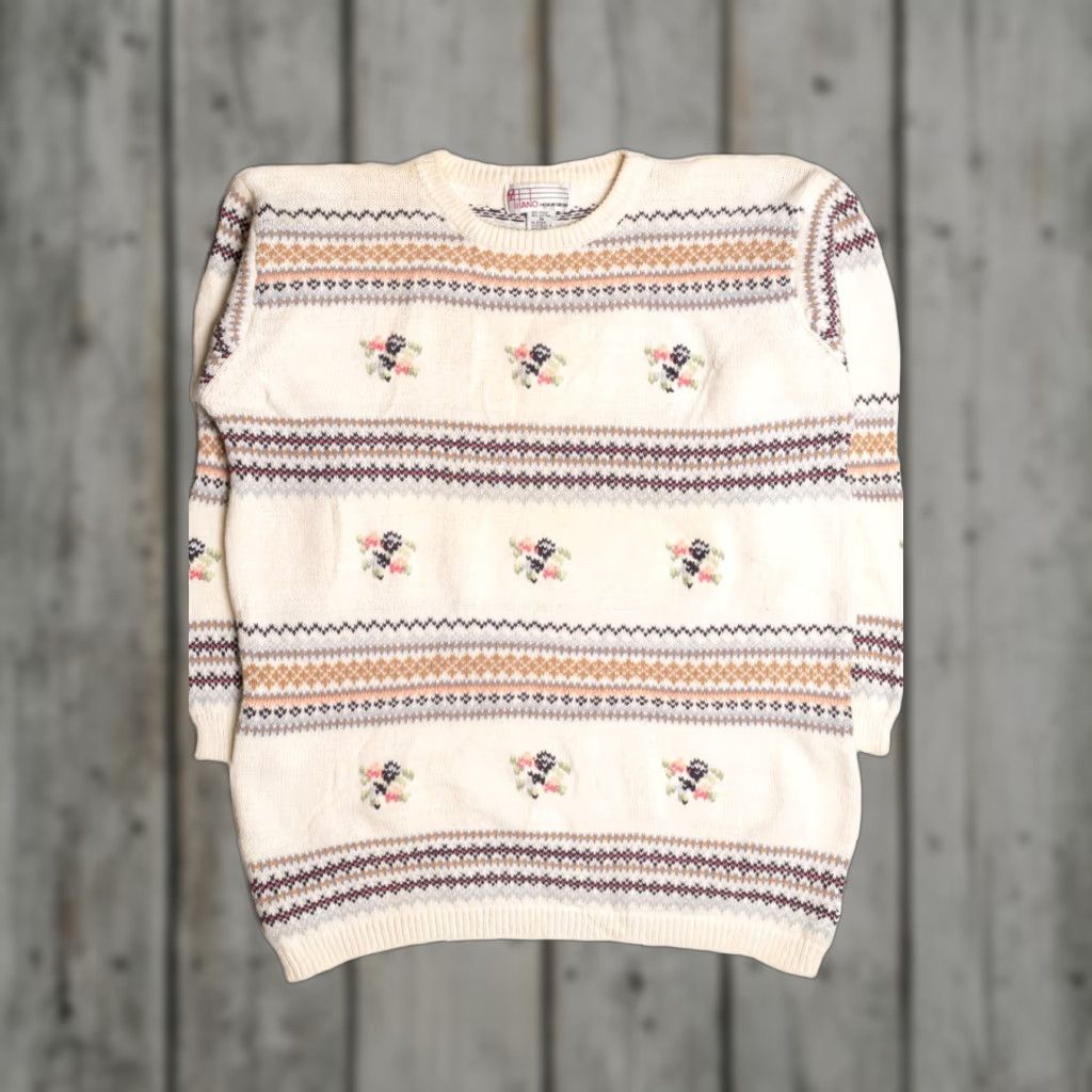 Vintage VINTAGE Milano Fair Isle Sweater Medium White Floral Pattern 1017 Ramie / Cotton Dense Knit Mens Women Girls Boys Size M / US 6-8 / IT 42-44 - 1 Thumbnail