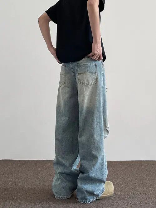 VIBE Blue Baggy Distressed Denim Jeans, Loose Wide Leg Jeans Size US 28 / EU 44 - 4 Thumbnail