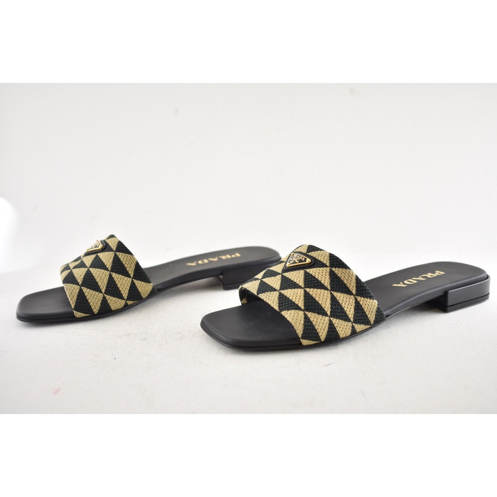 Prada Prada Jacquard Triangle Logo Black Beige Tan Leather Slide Size US 7.5 / IT 37.5 - 16 Thumbnail
