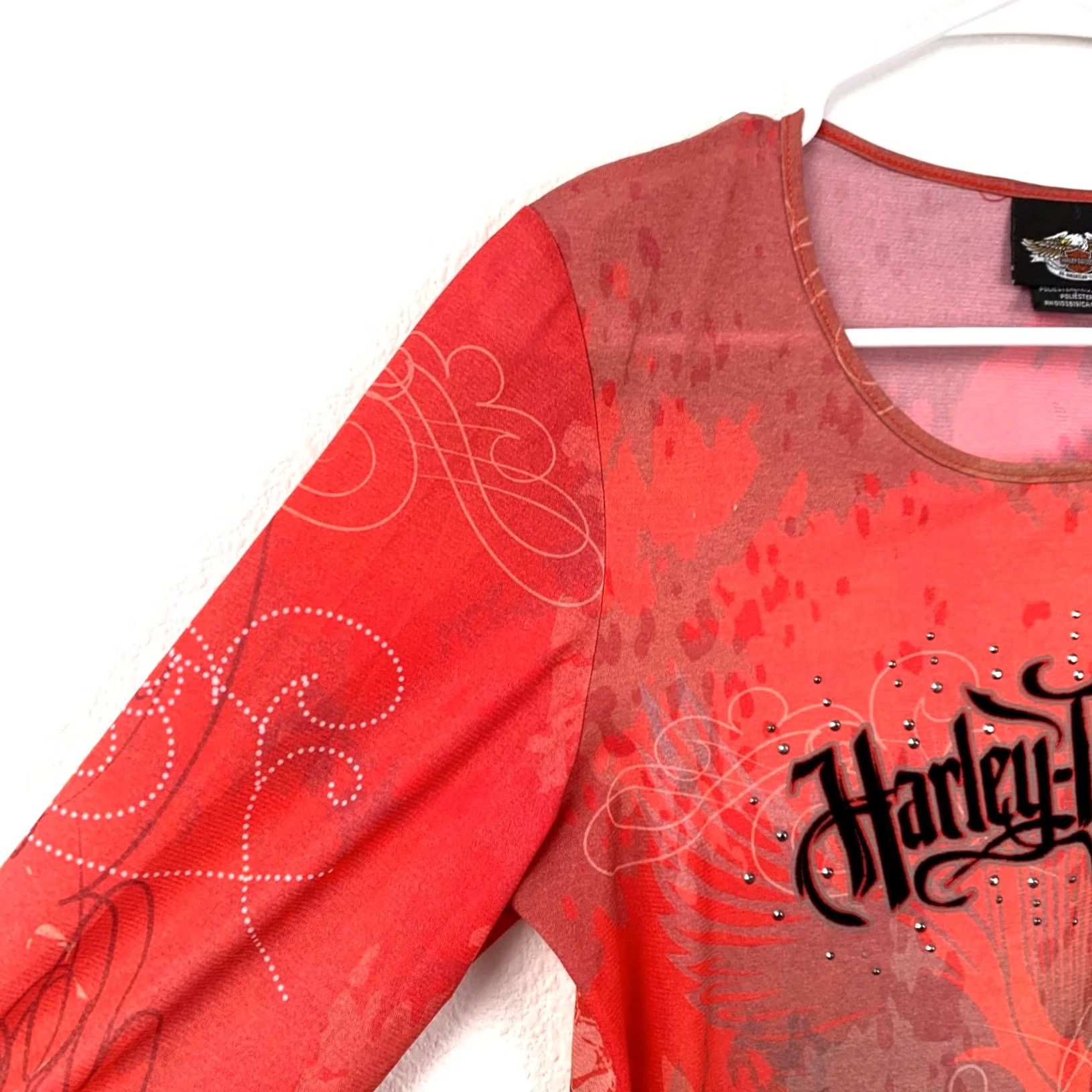 Harley Davidson VINTAGE Harley-Davidson Women's Long Sleeve Top M Red Rhinestone Grunge Biker Size M / US 6-8 / IT 42-44 - 2 Thumbnail