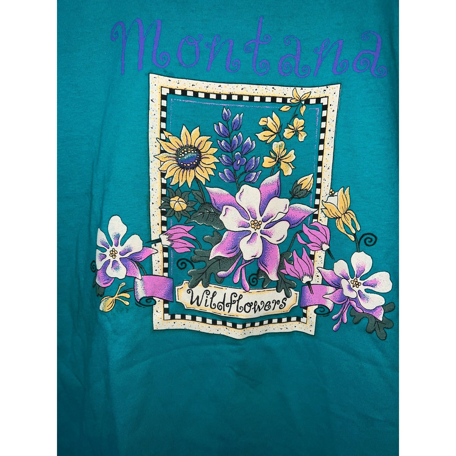Jerzees 90s Vintage Montana Wildflowers Teal Flower Shirt Large L Size US L / EU 52-54 / 3 - 5 Thumbnail
