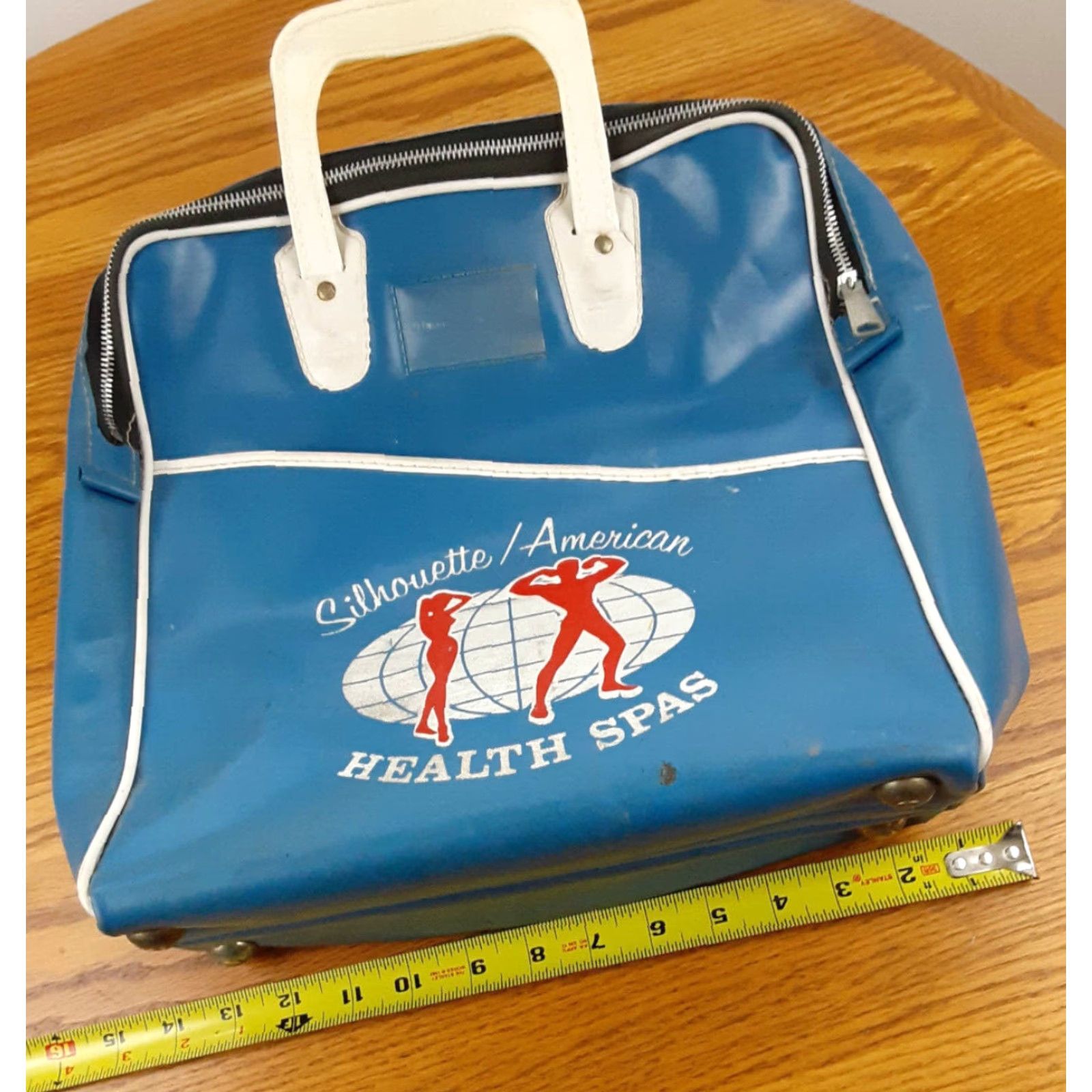 Vintage VINTAGE Silhouette/America Health Spas Gym-Duffle Bag 1980's Michigan Duffle Men Medium Blue/White Vinyl Zipper 80s Size ONE SIZE - 7 Thumbnail