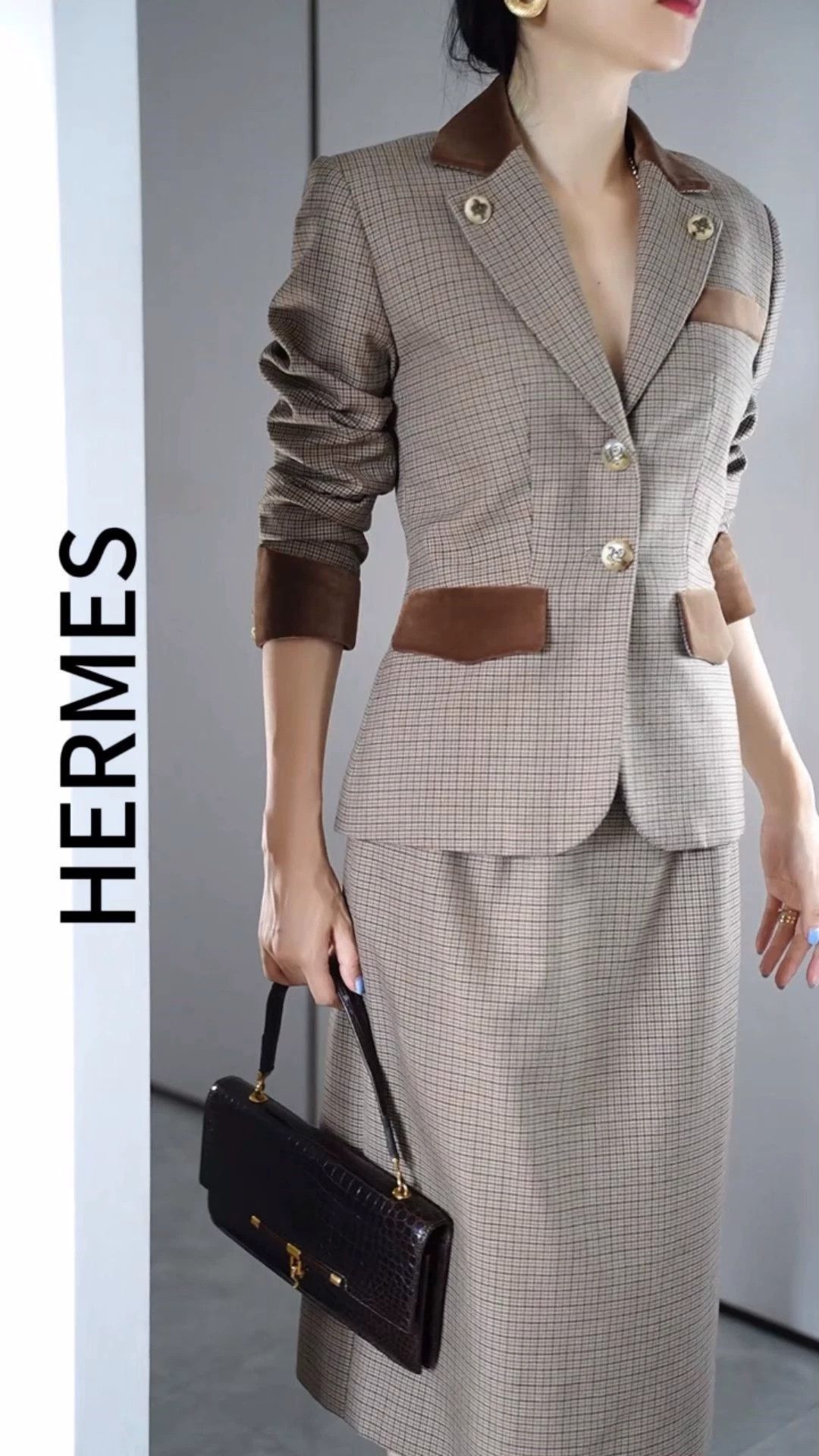 Hermes Hermes Vtg Wool Check Velvet Suit Skirt Set FR40 M-L Size M / US 6-8 / IT 42-44 - 1 Thumbnail