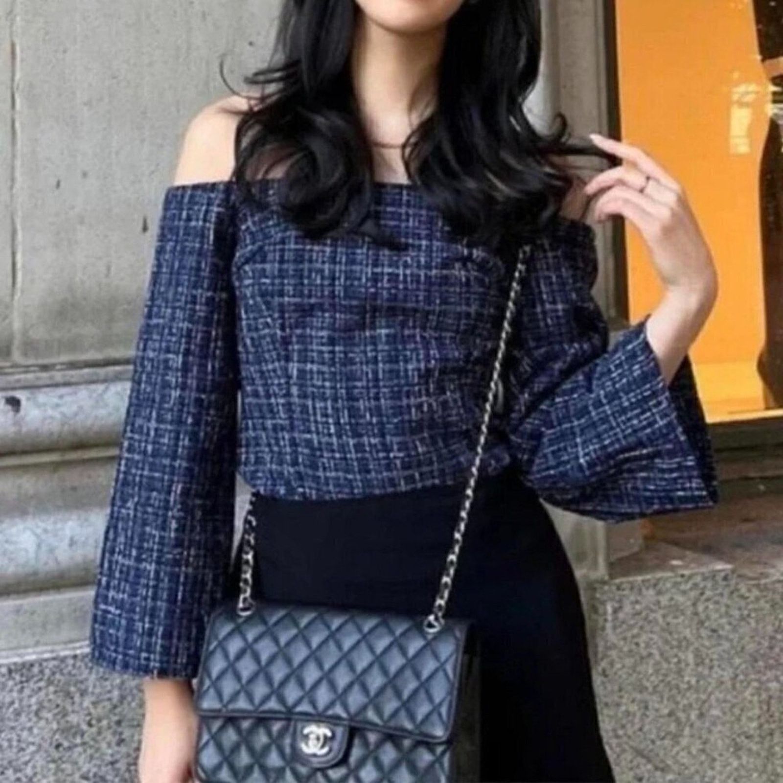 Zara Zara Navy Tweed Off Shoulder Top NWT M Size M / US 6-8 / IT 42-44 - 8 Thumbnail