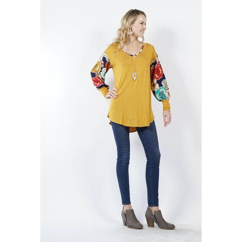 Other Floral Sleeve Mustard Yellow Women's Top With V-Neck Size LA Size L / US 10 / IT 46 - 1 Thumbnail