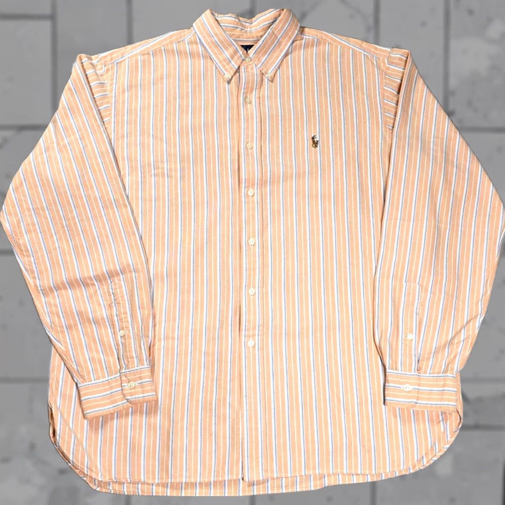Polo Ralph Lauren Shirt Men XL Peach Blue Stripe Oxford Classic Button Up Iconic Oxford OCBD 90s Vintage