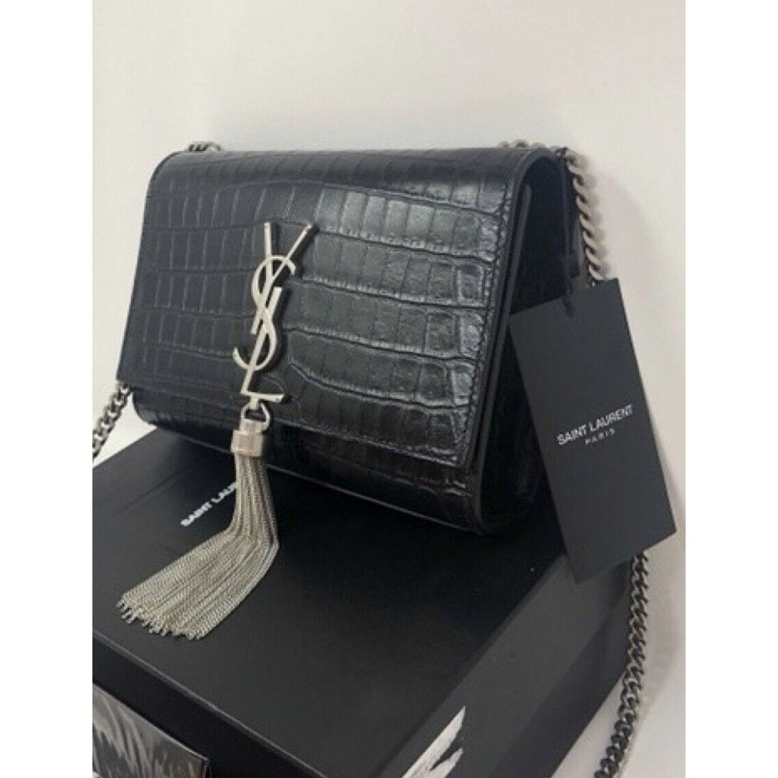 Yves Saint Laurent YSL Saint Laurent Kate Silver Hardware Embossed Croc Tassel Size ONE SIZE - 4 Thumbnail