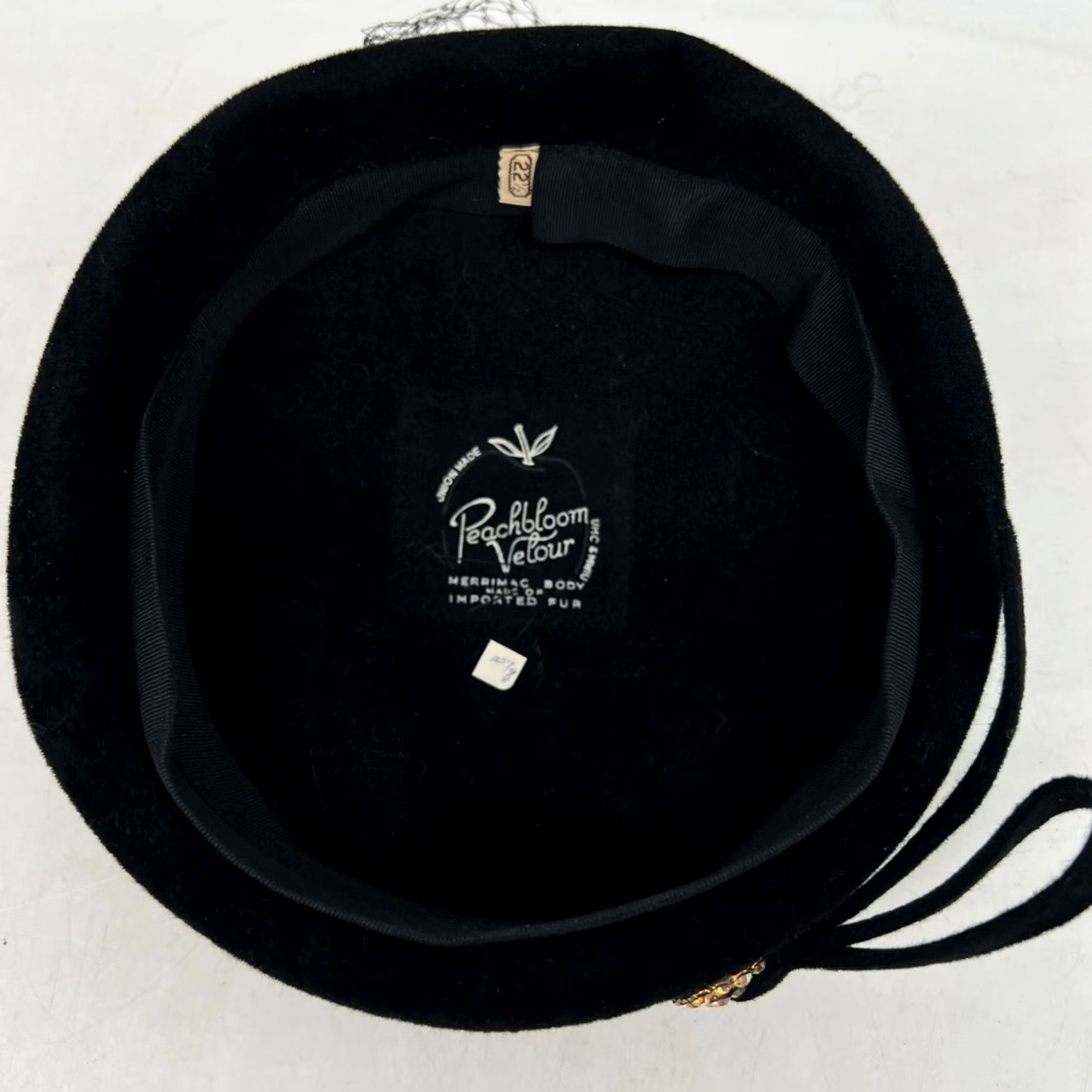 Velour VINTAGE Peach Bloom Pill Box Hat Womens Black 1960s Fur Rhinestone Veil 22.5 Size ONE SIZE - 5 Thumbnail