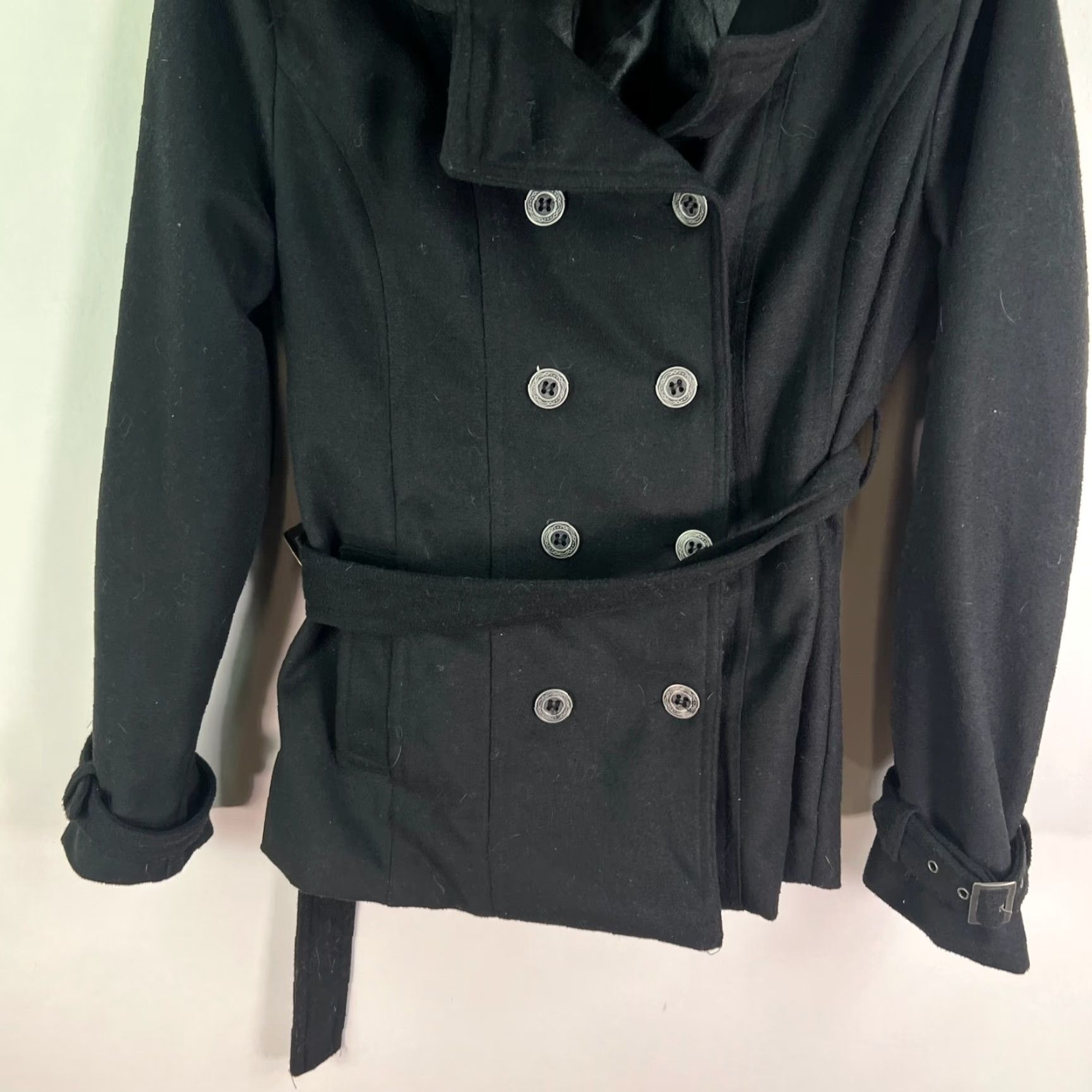 Vintage Rue 21 Wool Blend Pea Coat Women's XL Black Double Breasted Faux Fur Removable Hood 90s Classic Size XL / US 12-14 / IT 48-50 - 3 Thumbnail