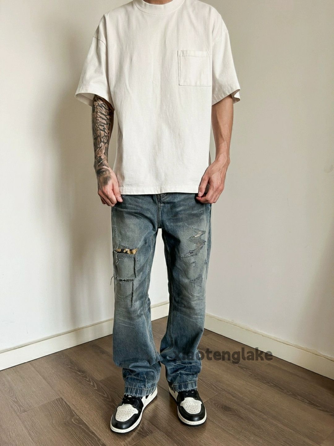 Jean × Vintage washed faded damaged stain loose baggy jeans Size US 34 / EU 50 - 4 Thumbnail