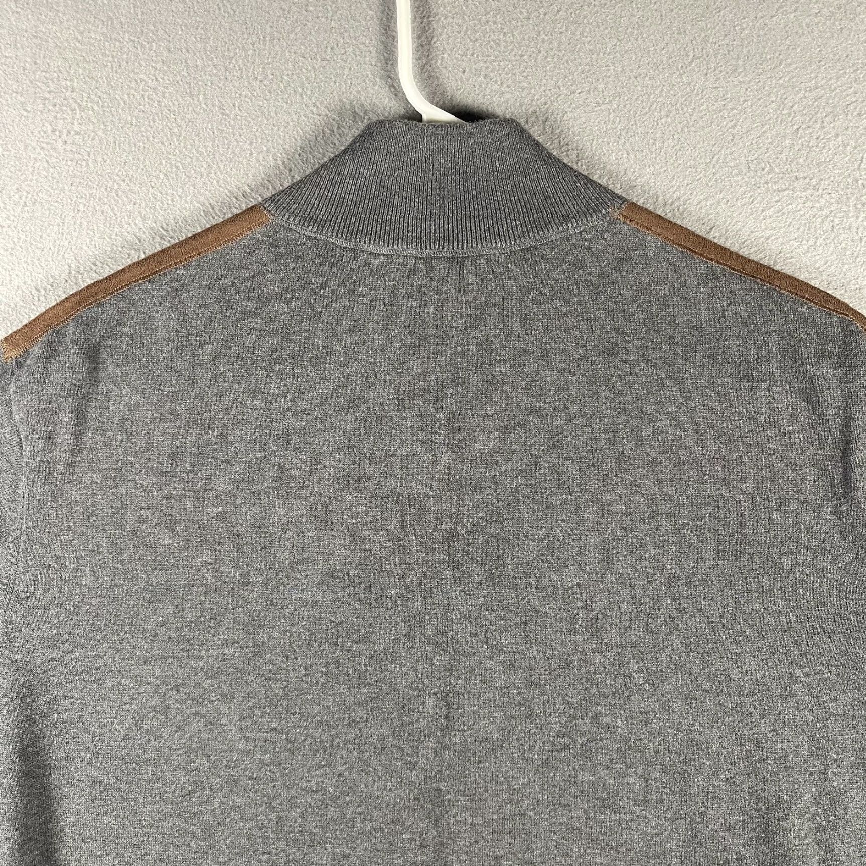 Vintage Alan Flusser Sweater Mens Large Gray Quarter Zip Pullover Brown Trim Cotton Sweatshirt Cardigan Beige Knit Size US M / EU 48-50 / 2 - 5 Thumbnail