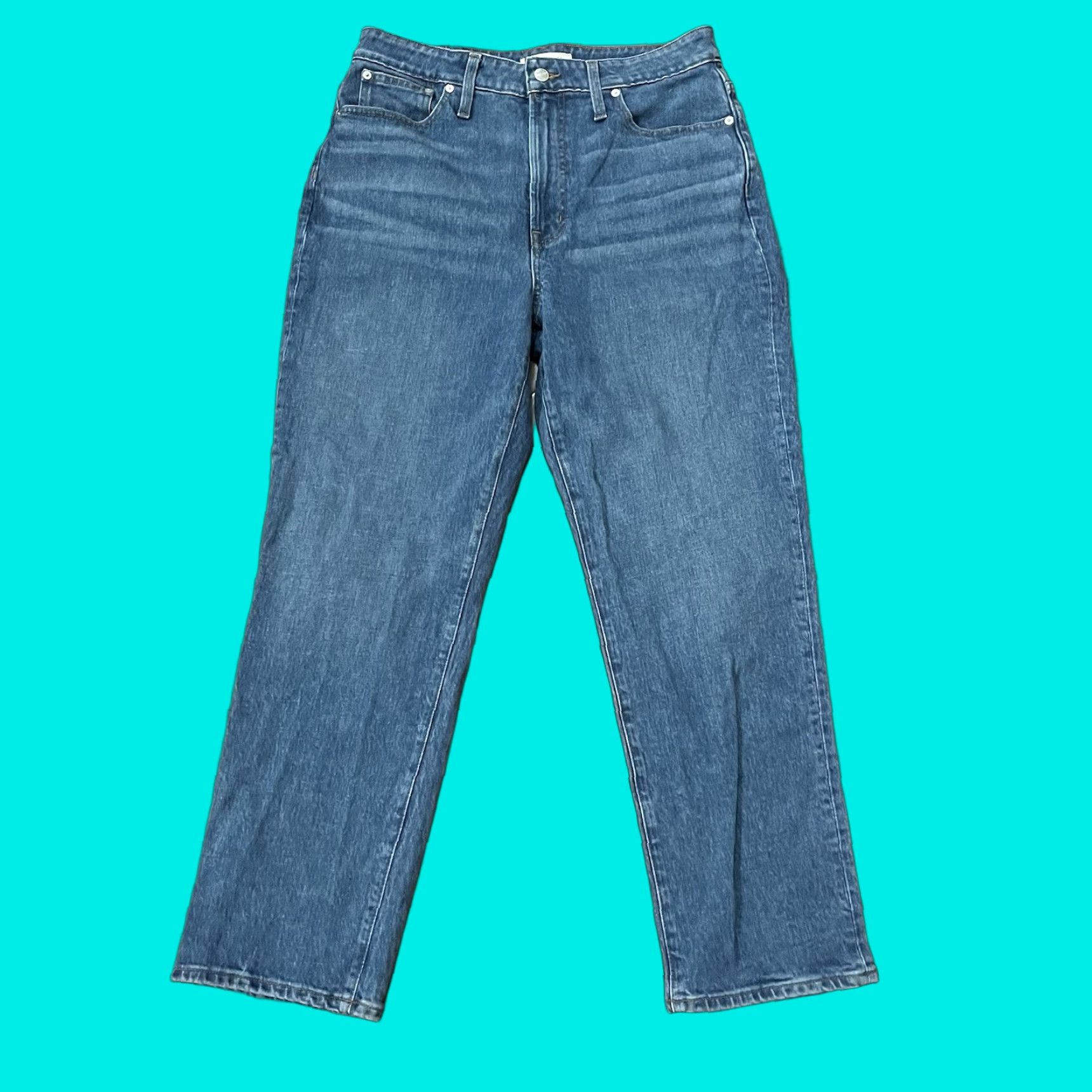 Madewell Madewell Jeans Womens 32x28 High Rise Blue Whiskers Distressed Pockets Stretch Jeans Straight 32 Regular Womens Size 24" / US 00 / IT 34 - 1 Thumbnail